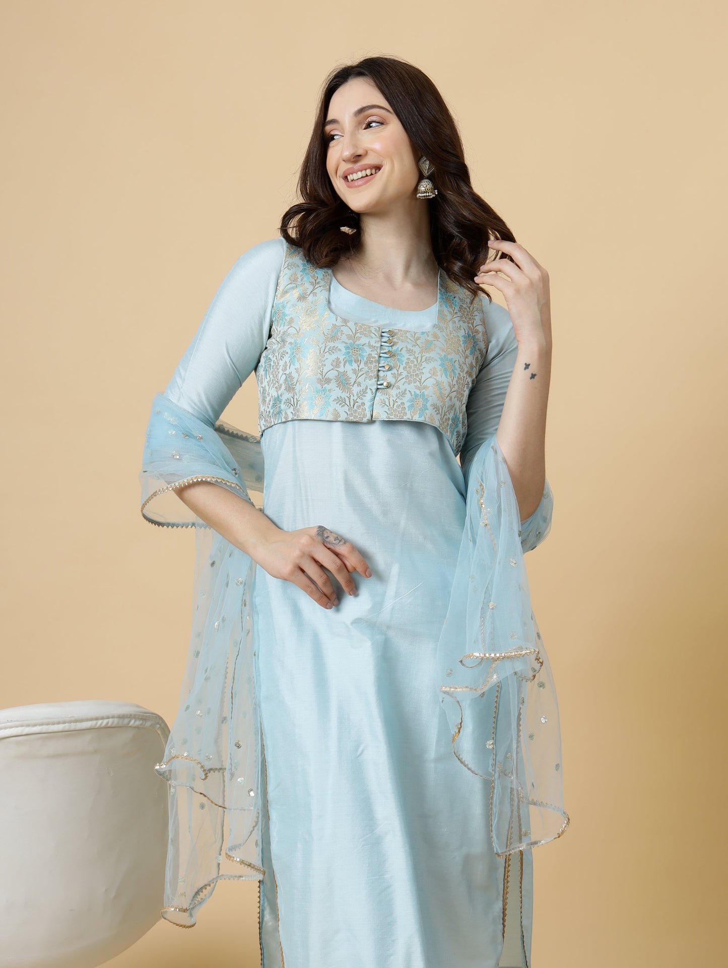 Classic Sky Blue Kurti-Palazzo Set paired with Floral Brocade Silk Jacket