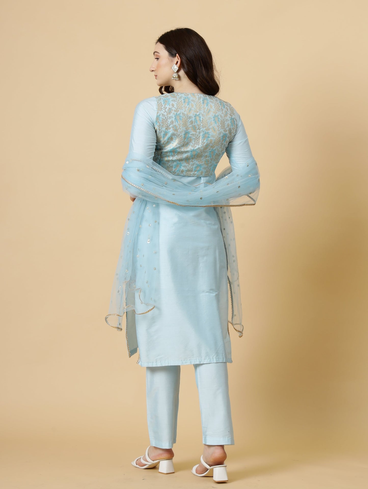 Classic Sky Blue Kurti-Palazzo Set paired with Floral Brocade Silk Jacket