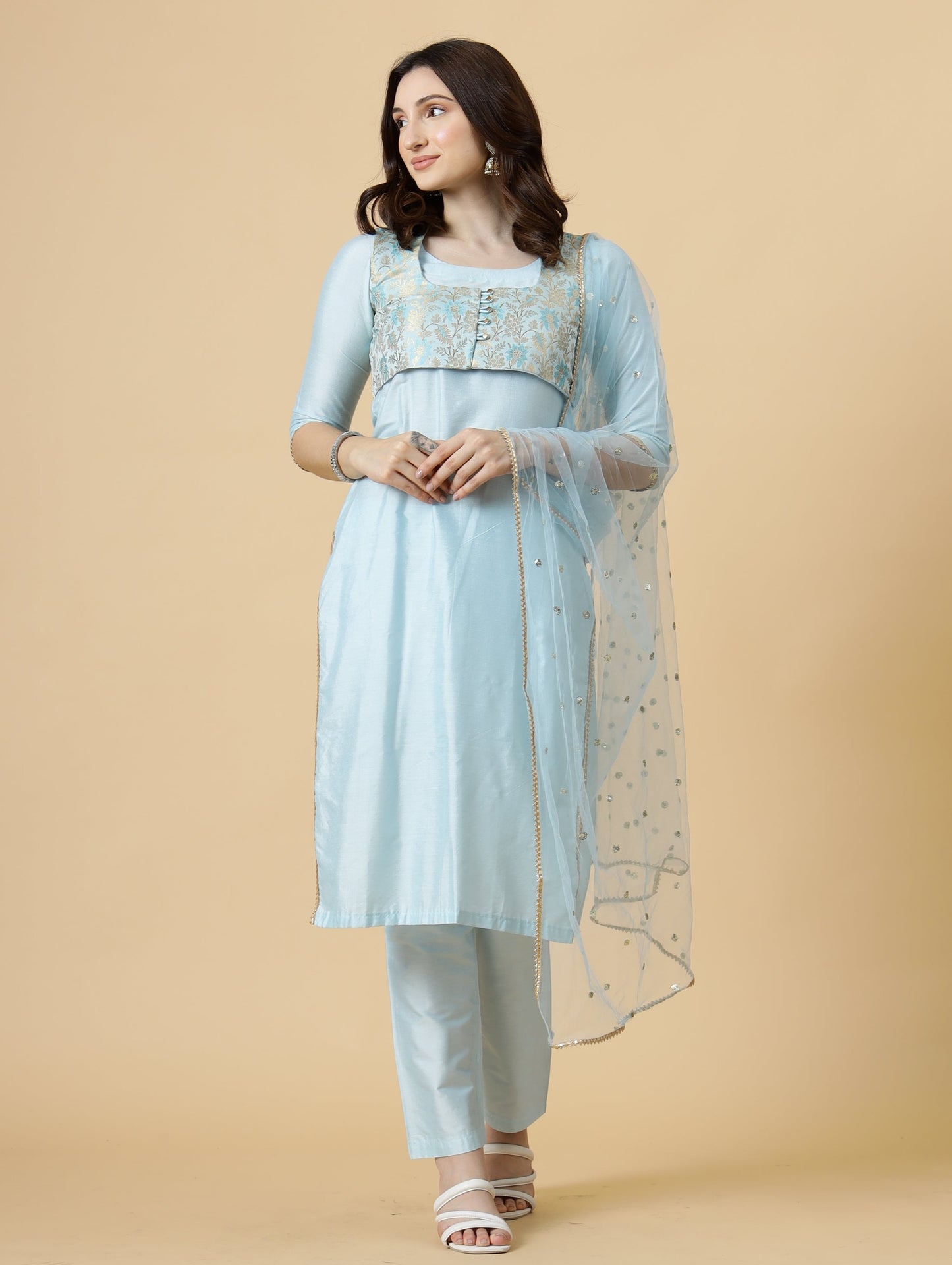 Classic Sky Blue Kurti-Palazzo Set paired with Floral Brocade Silk Jacket