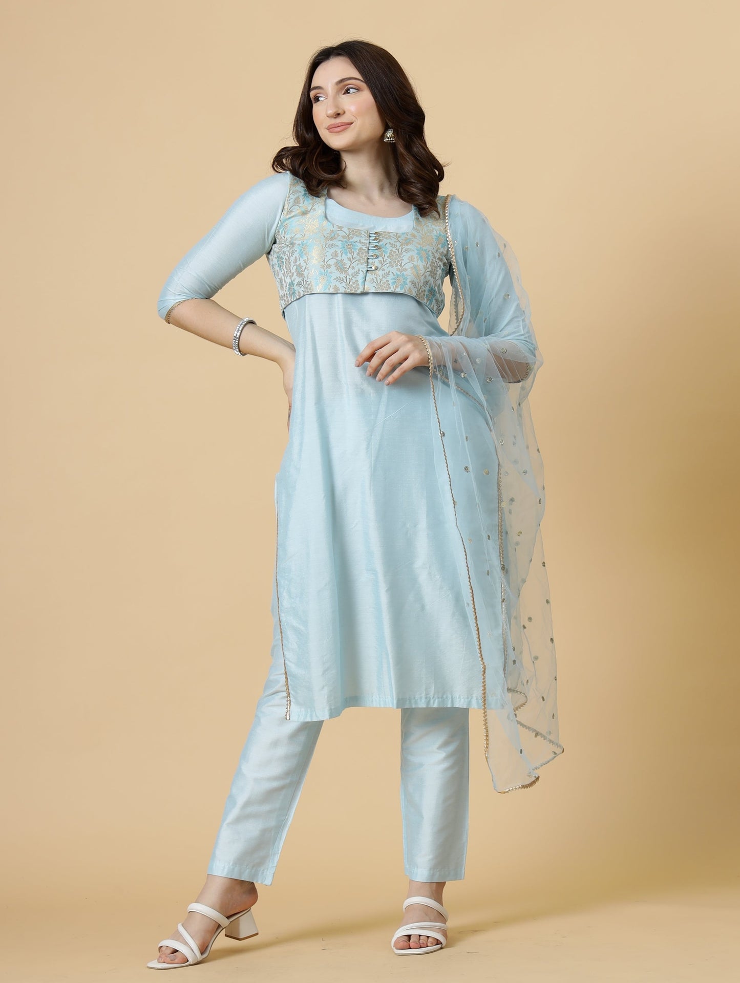Classic Sky Blue Kurti-Palazzo Set paired with Floral Brocade Silk Jacket