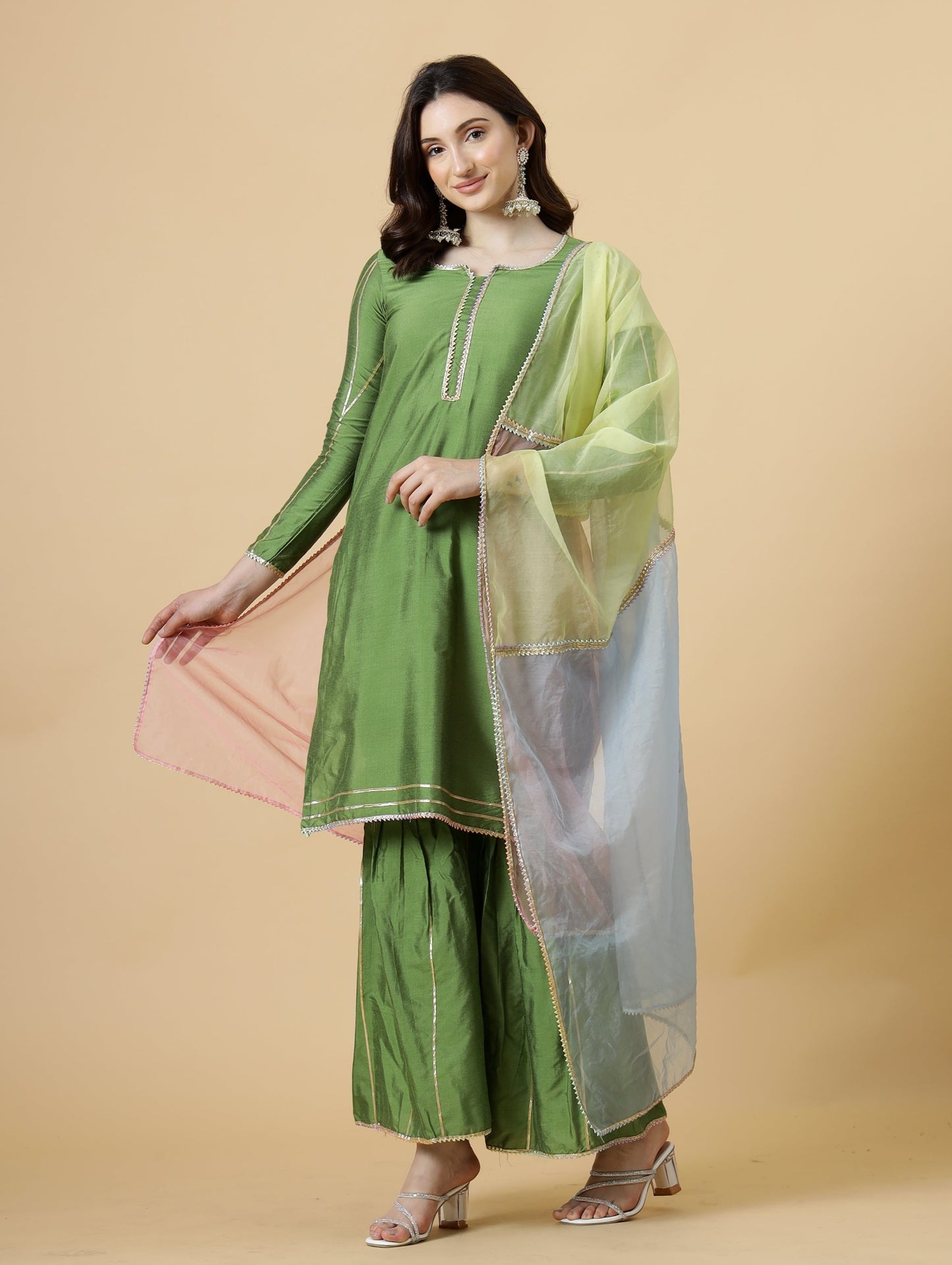 Stylish Green Kurti-Sharara Set paired with Multicolor Organza dupatta