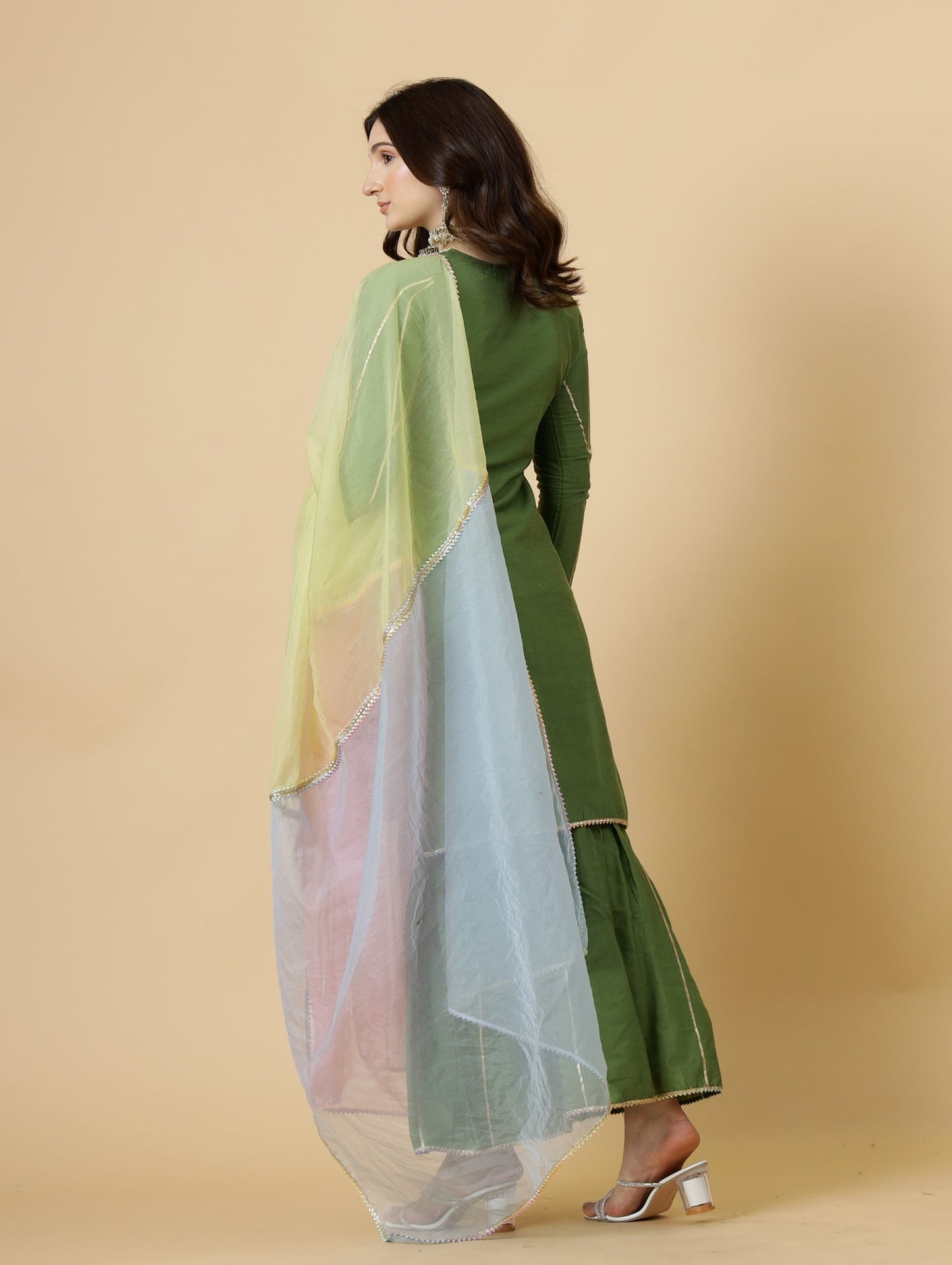Stylish Green Kurti-Sharara Set paired with Multicolor Organza dupatta