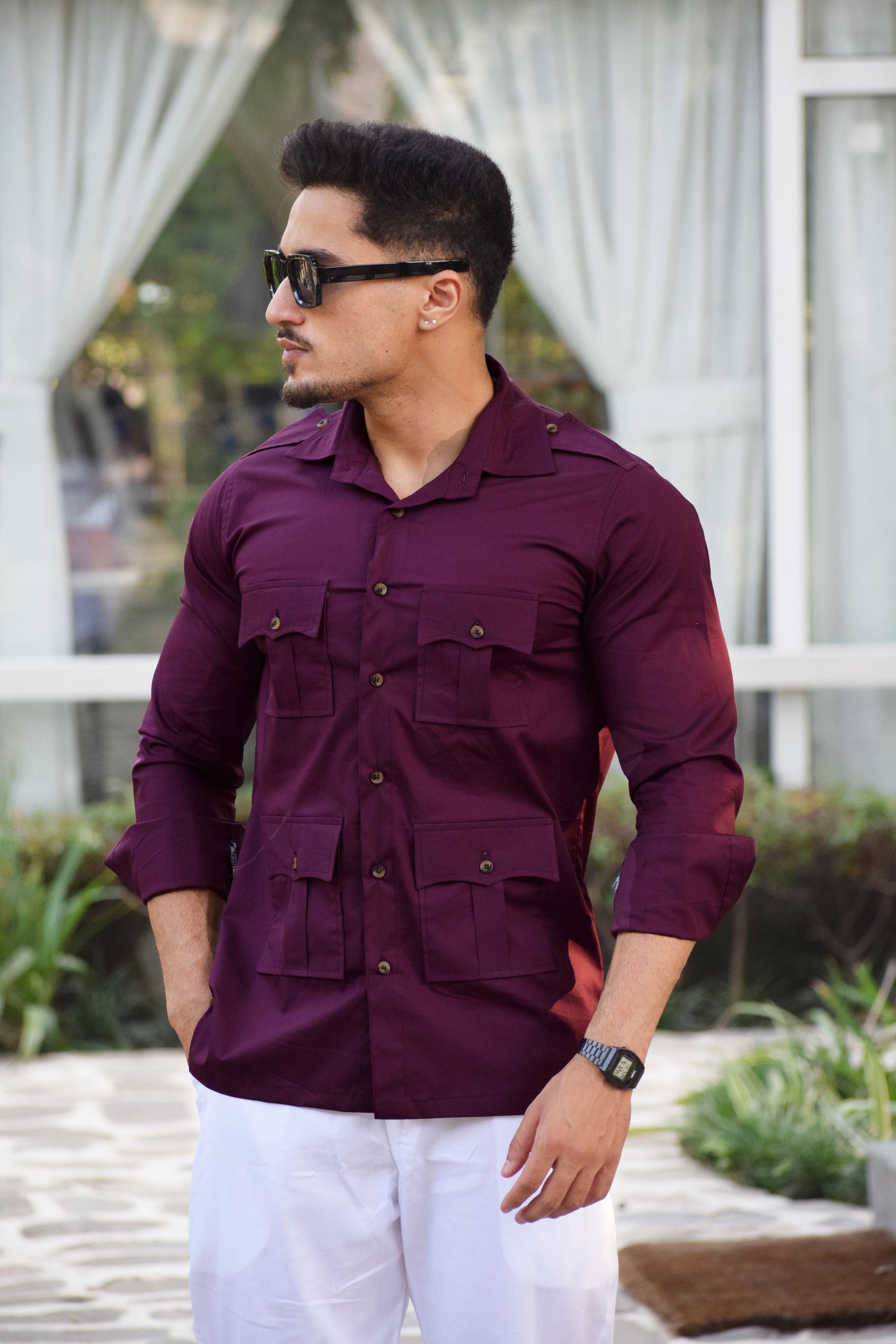 Comfy Dark Wine Hunting Style Shirt