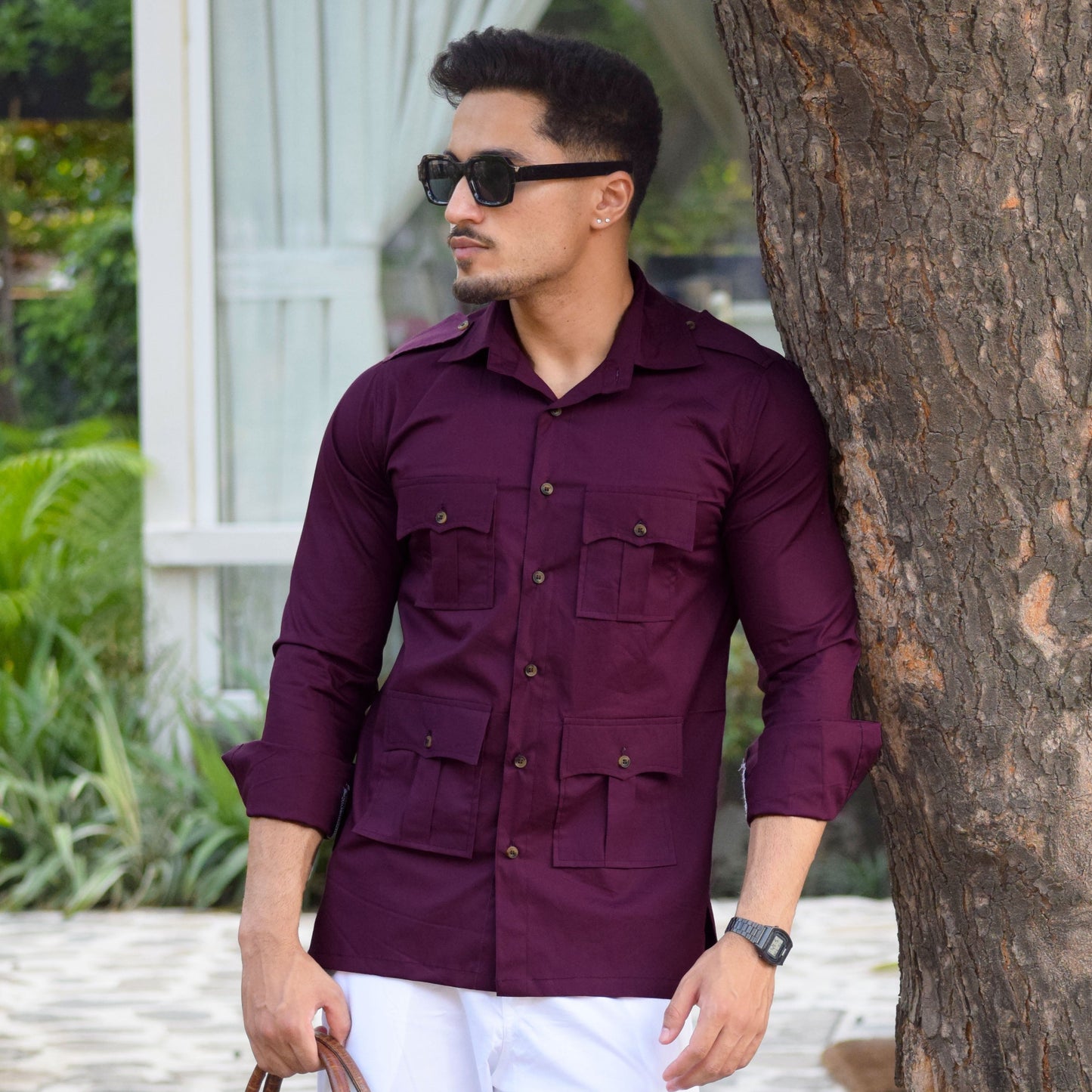 Comfy Dark Wine Hunting Style Shirt