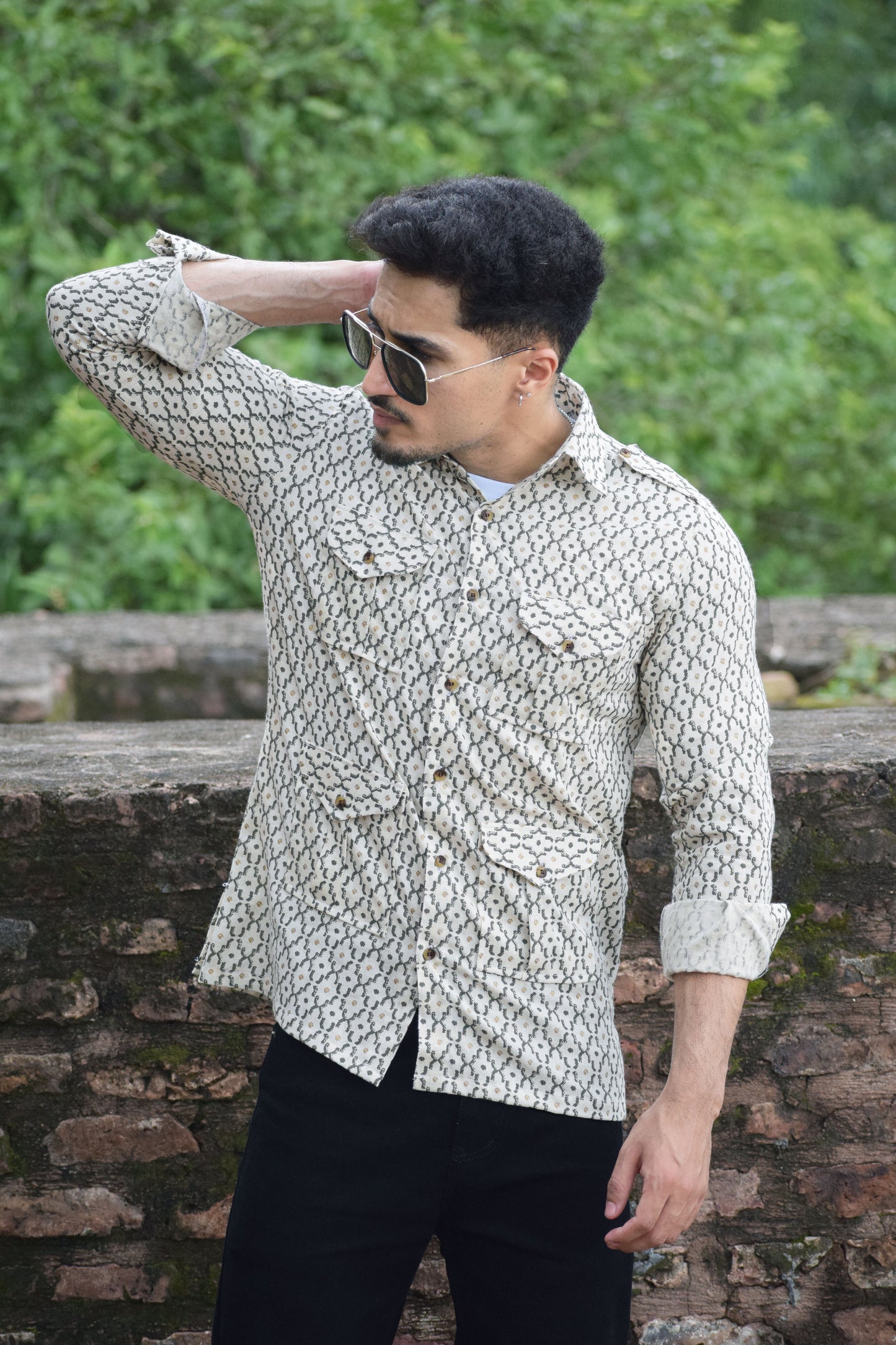 Off White Printed Hunting Style Shirt