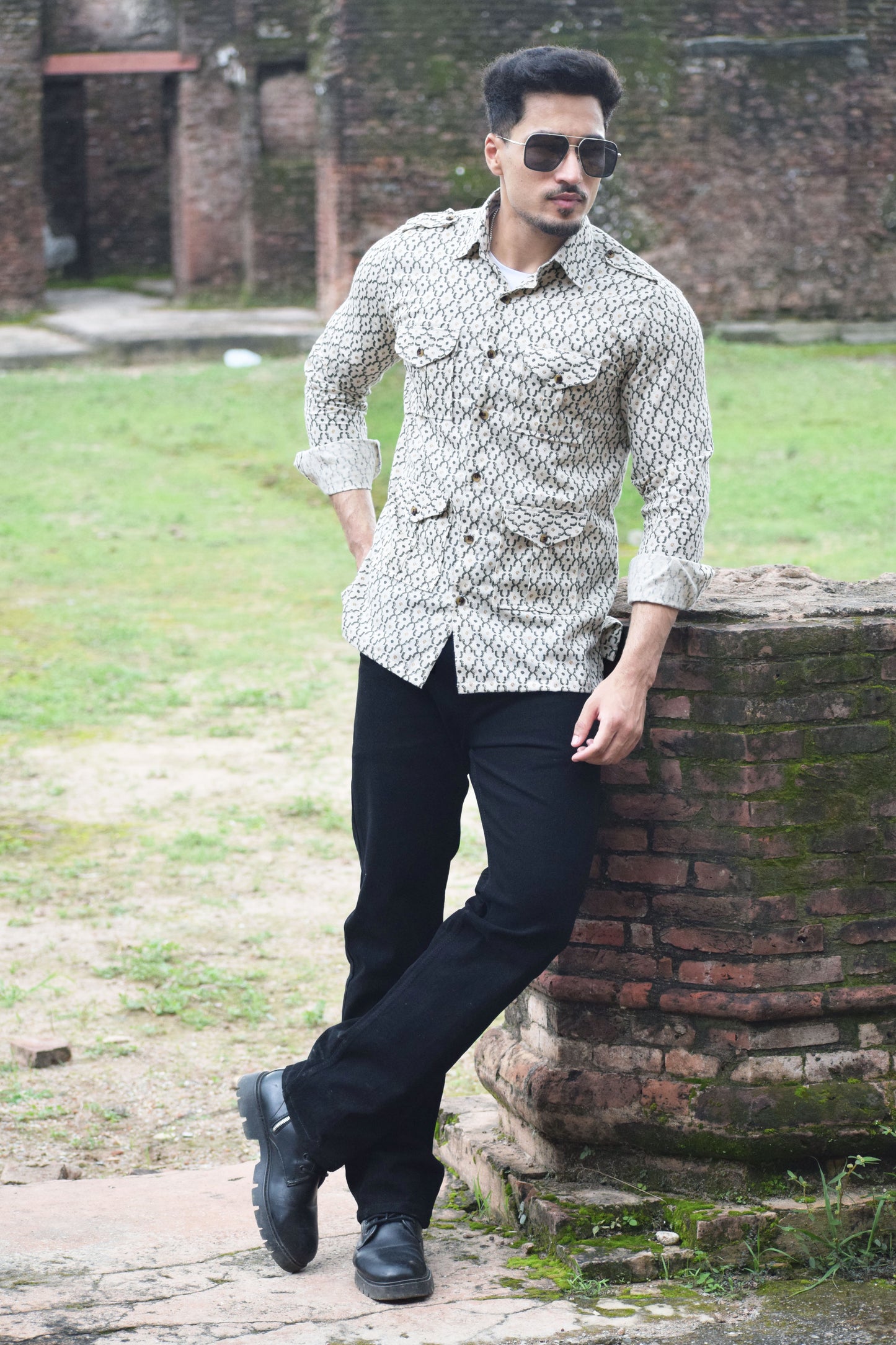 Off White Printed Hunting Style Shirt