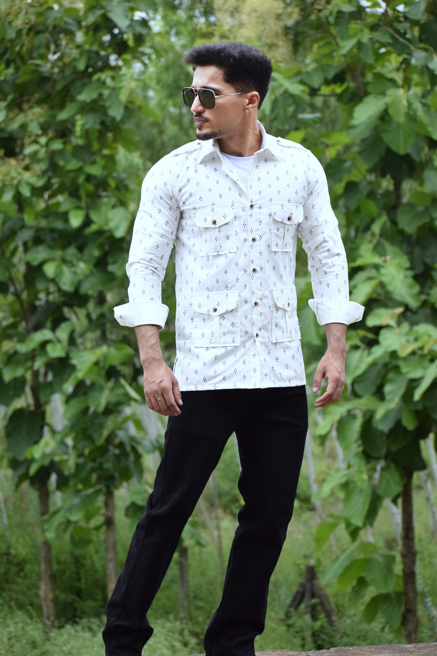 The Ivory Trail Hunting Shirt with Navy Motifs