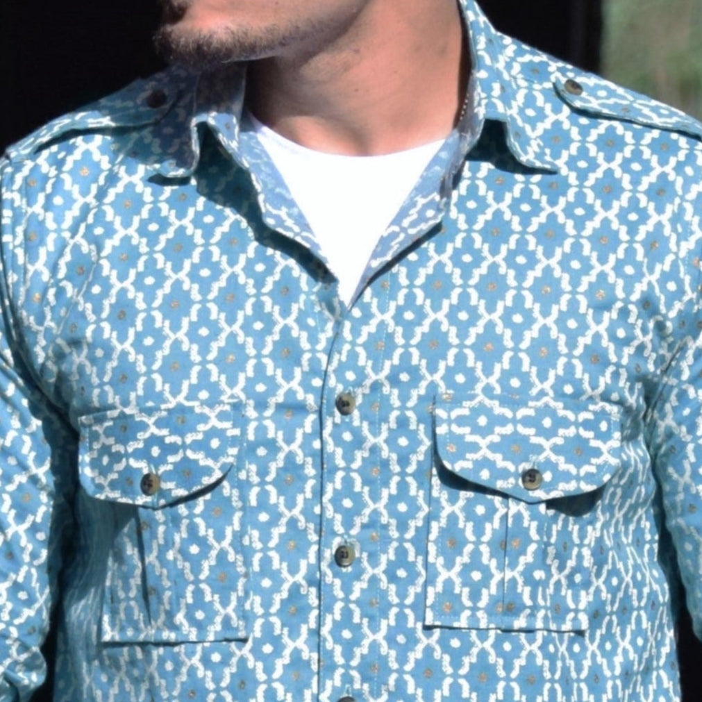 Azure Blue Ikat Print Hunting Style Shirt
