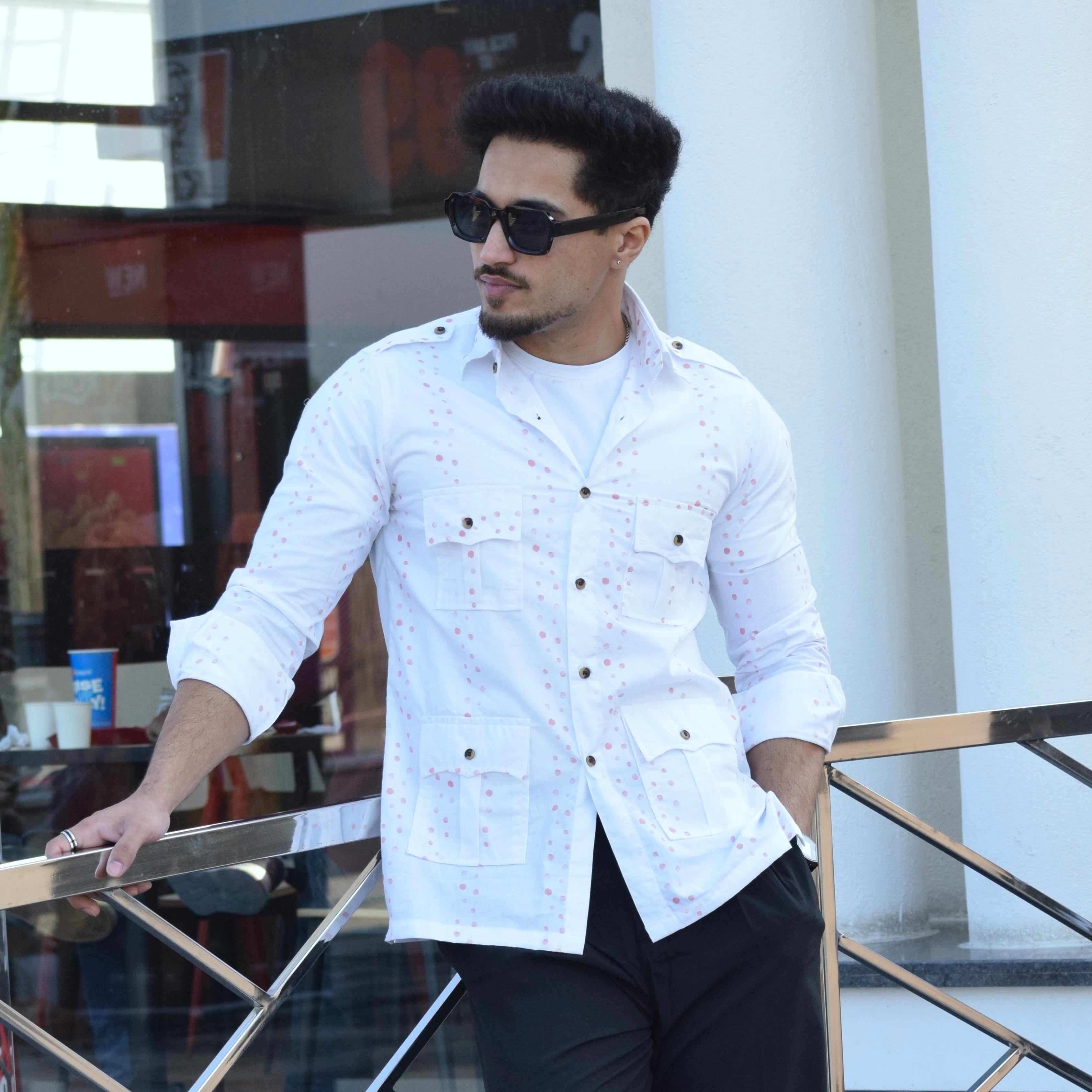 White Printed Vintage Hunting Style Shirt - Main Image