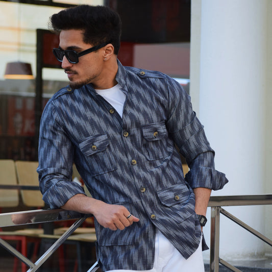 Abstract Print Blue-Grey Vintage Hunting Style Shirt
