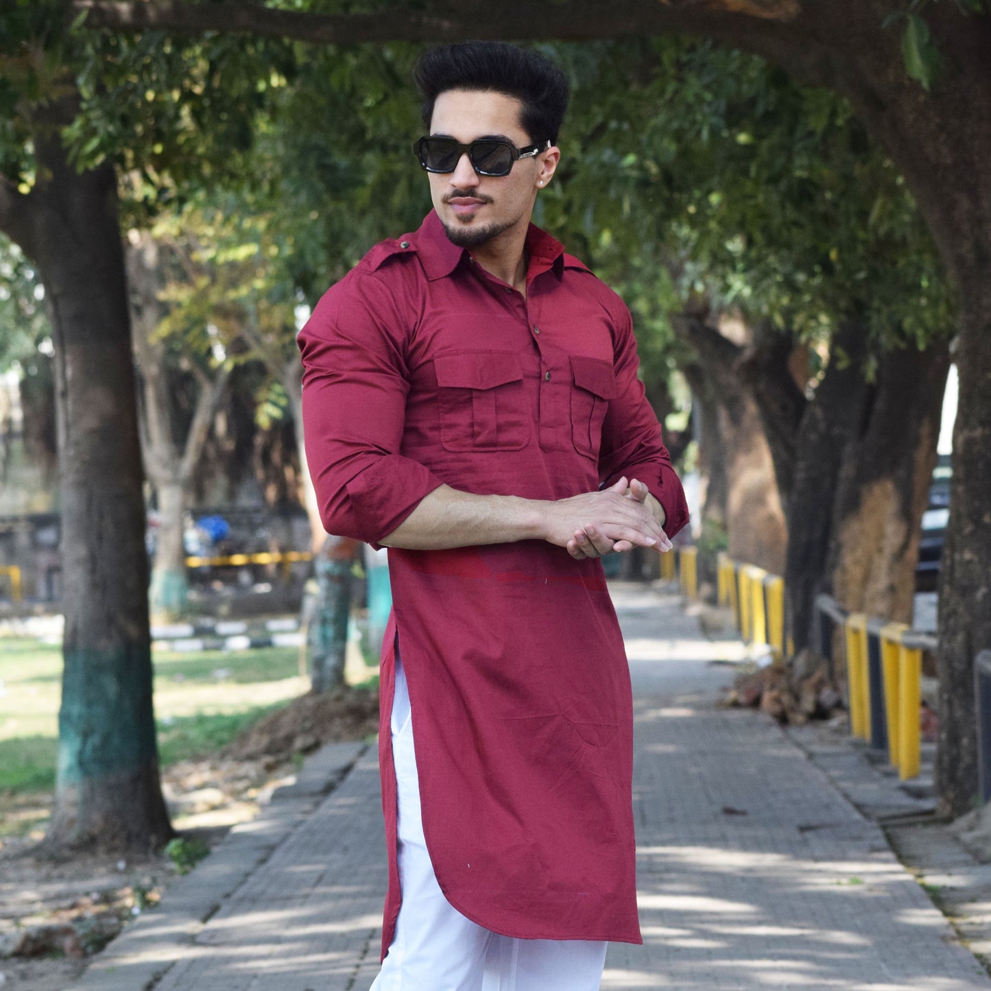 Ruby Red Short Hunting Style Kurta-Pajama set