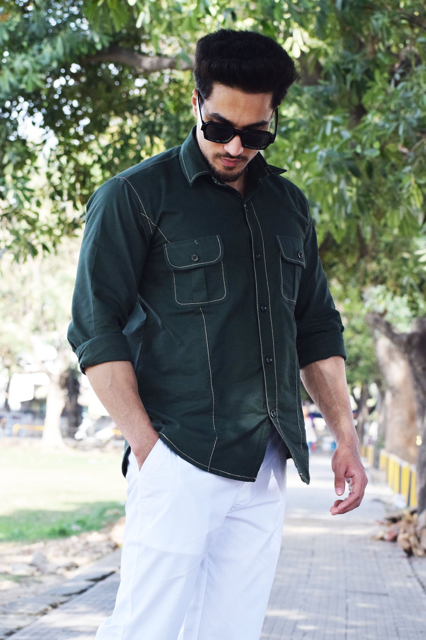 Contrast Stich Dark Green Twill Trooper Shirt