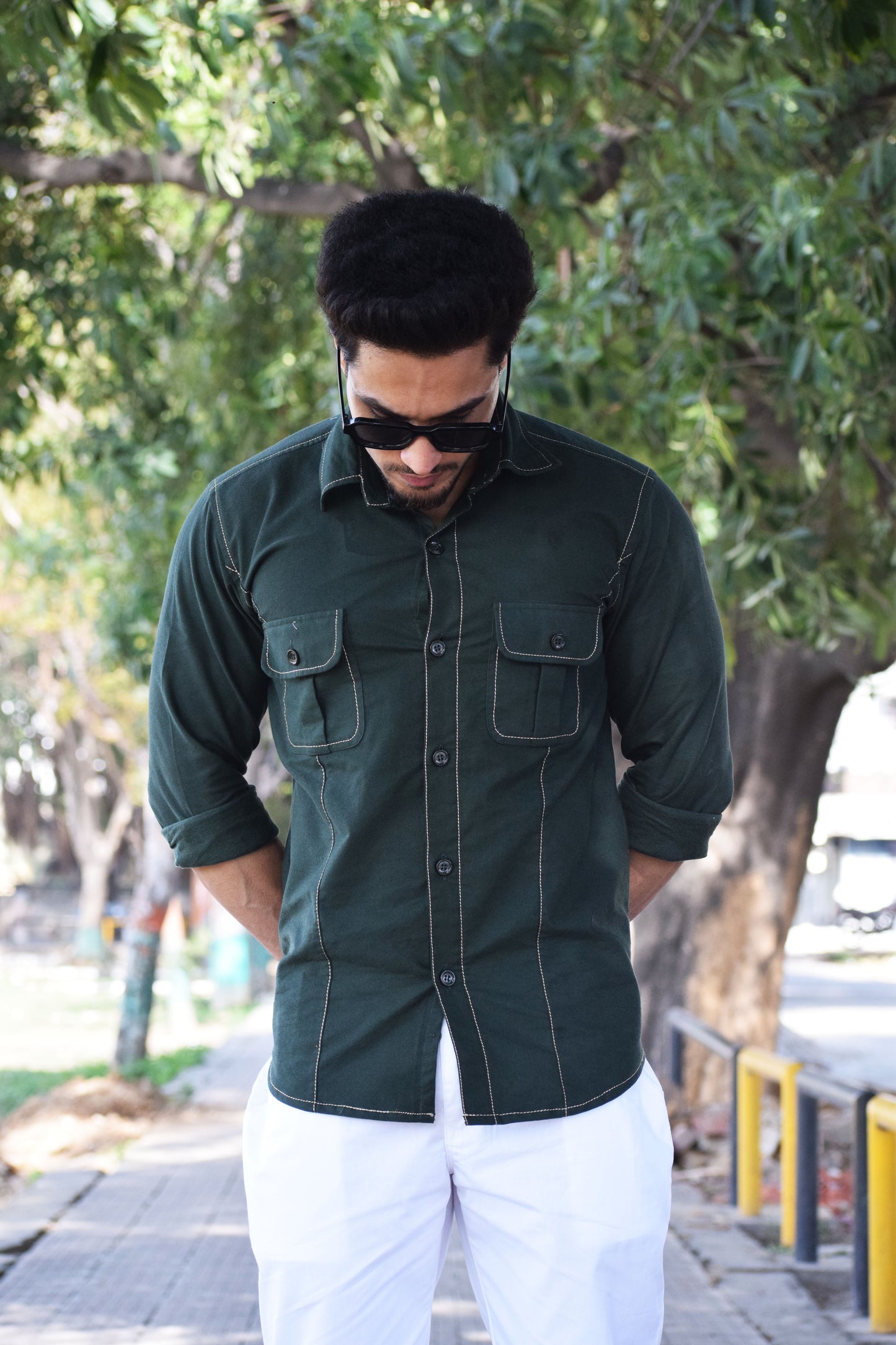 Contrast Stich Dark Green Twill Trooper Shirt