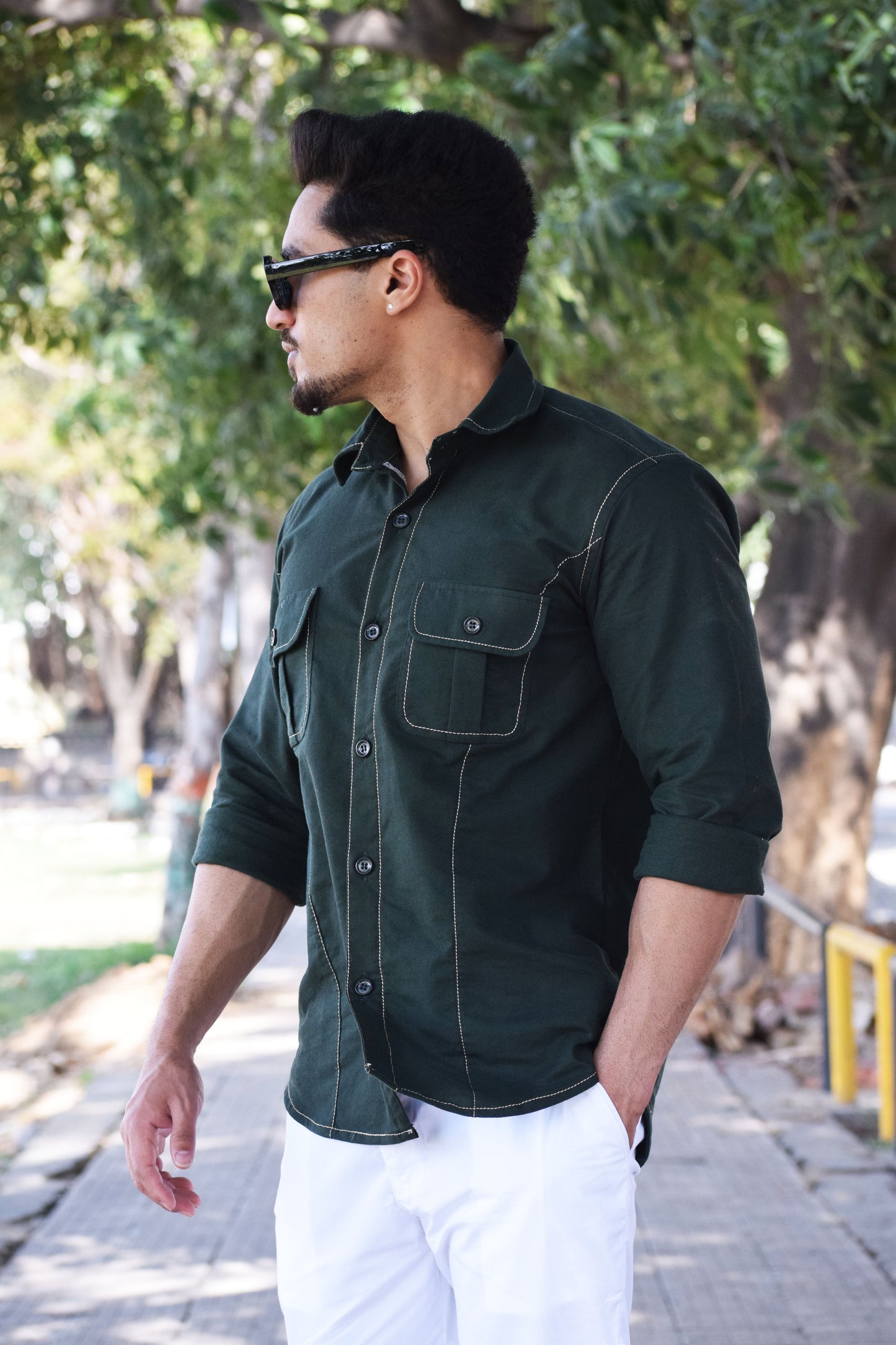 Contrast Stich Dark Green Twill Trooper Shirt