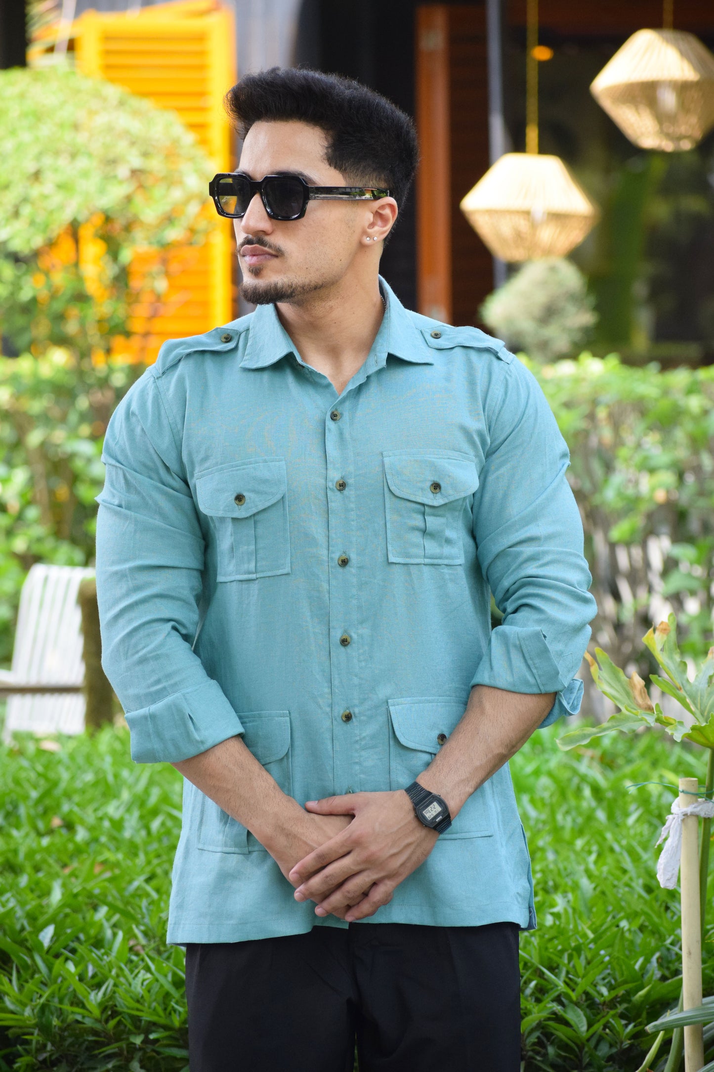 Cotton Linen Cyan Blue Hunting Shirt