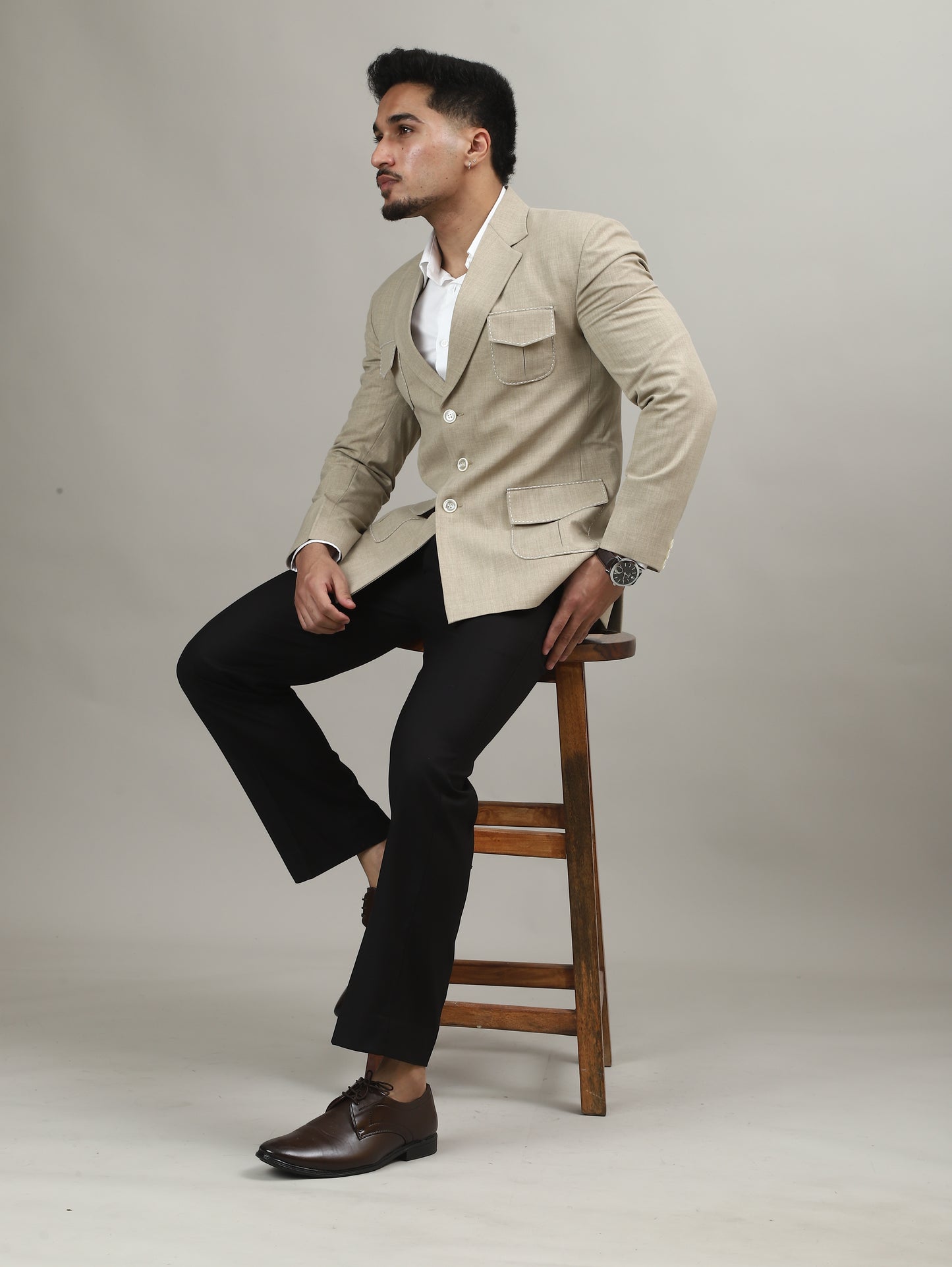 Sand Beige Celebration Blazer with Signature Pocket Detailing