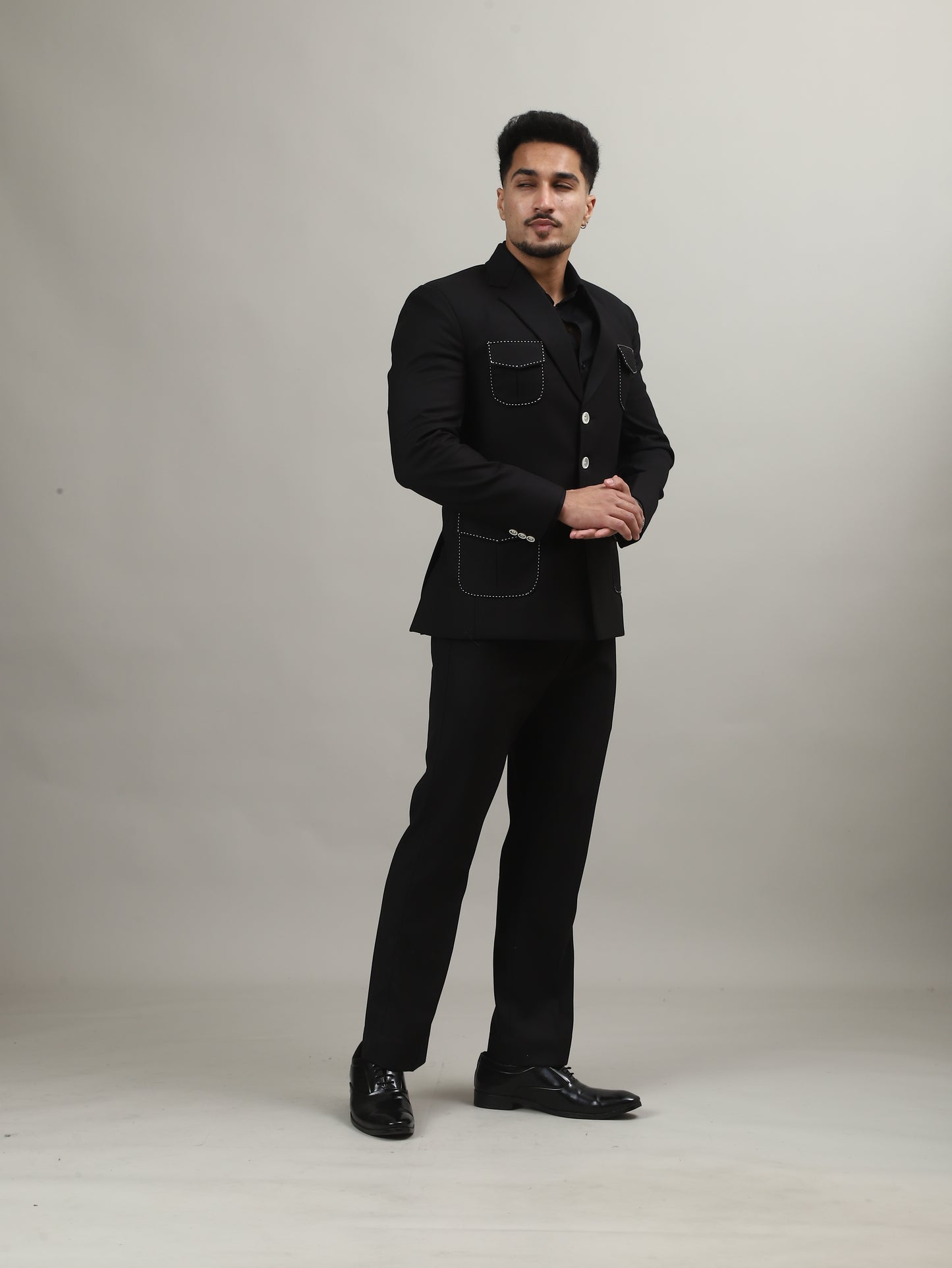 Black Celebration Blazer with Contrast Pocket Stitching