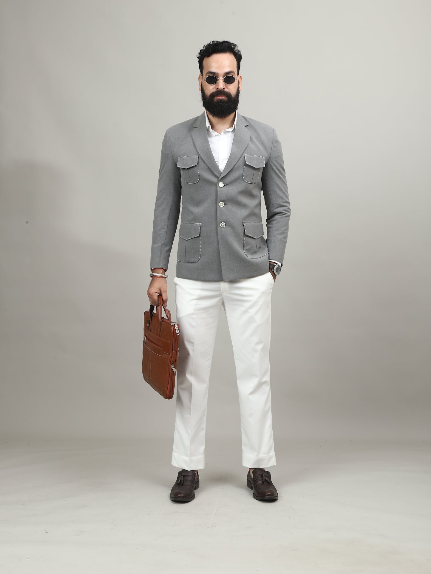 Grey Hunting Blazer with Contrast Stitch Pockets