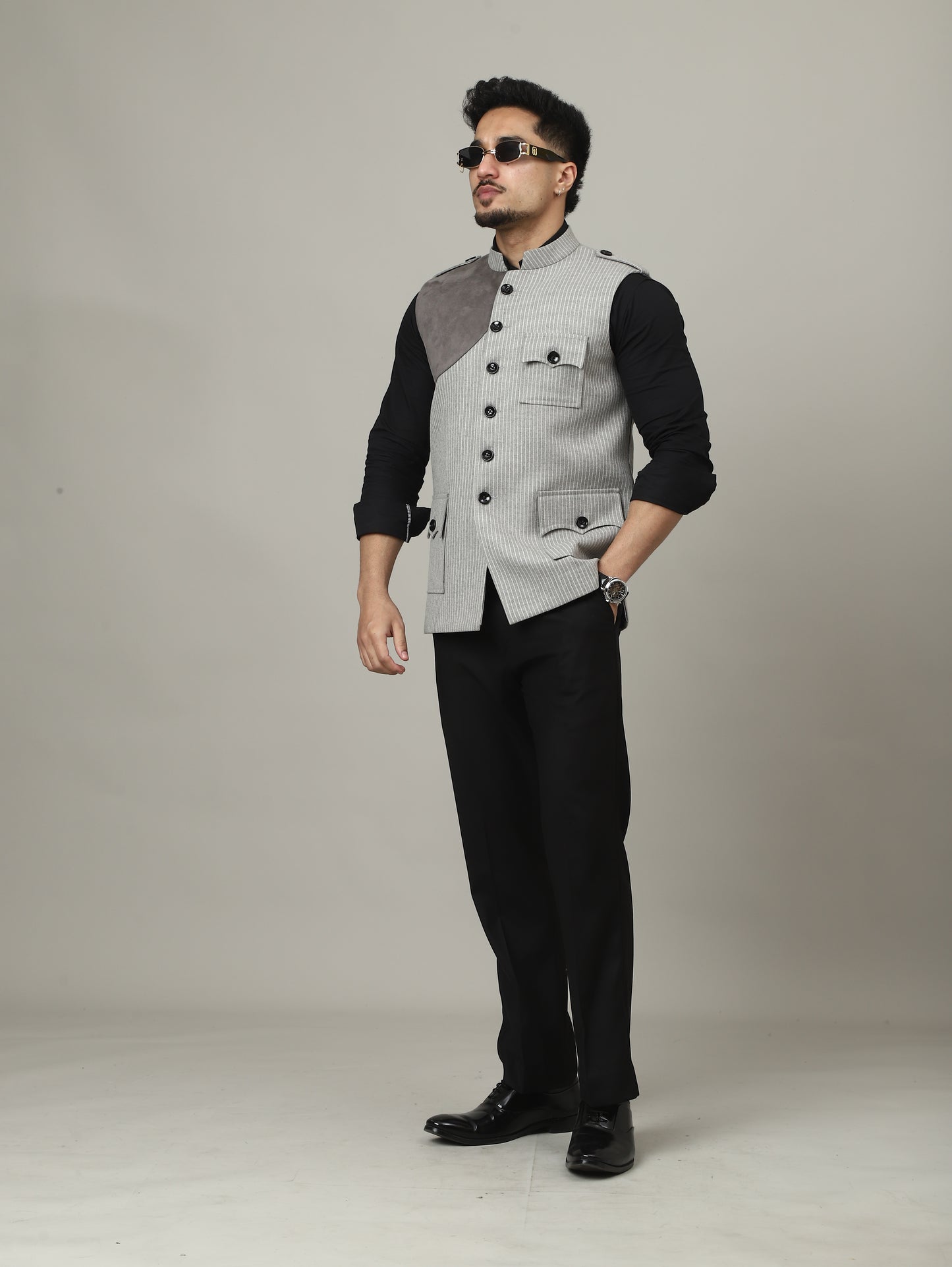 Ash Grey Striped Semi-Hunting Jacket with Suede Patch