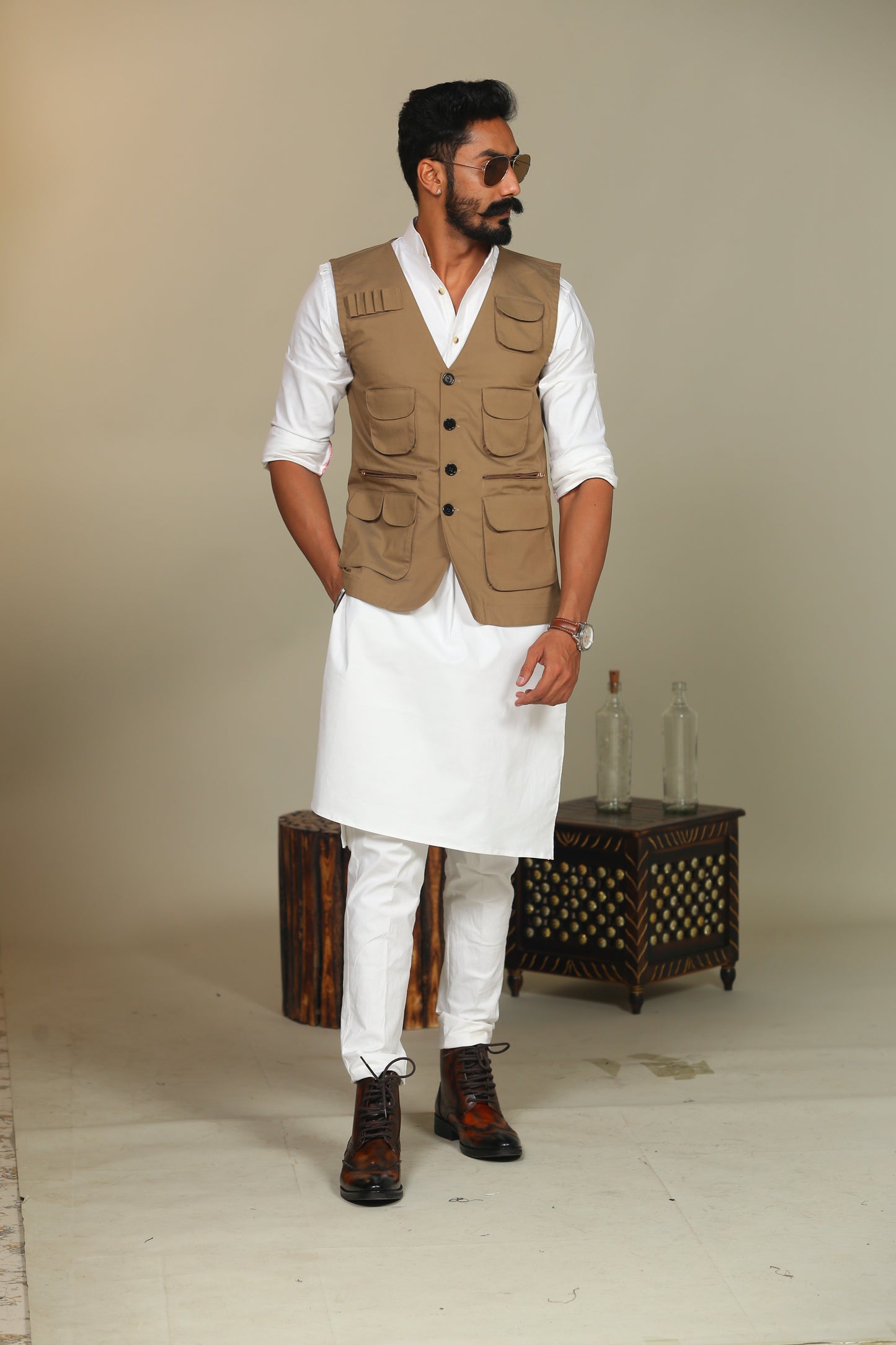 Multi Utility Khakhi Hunting Style Jacket With White Kurta Pajama Set