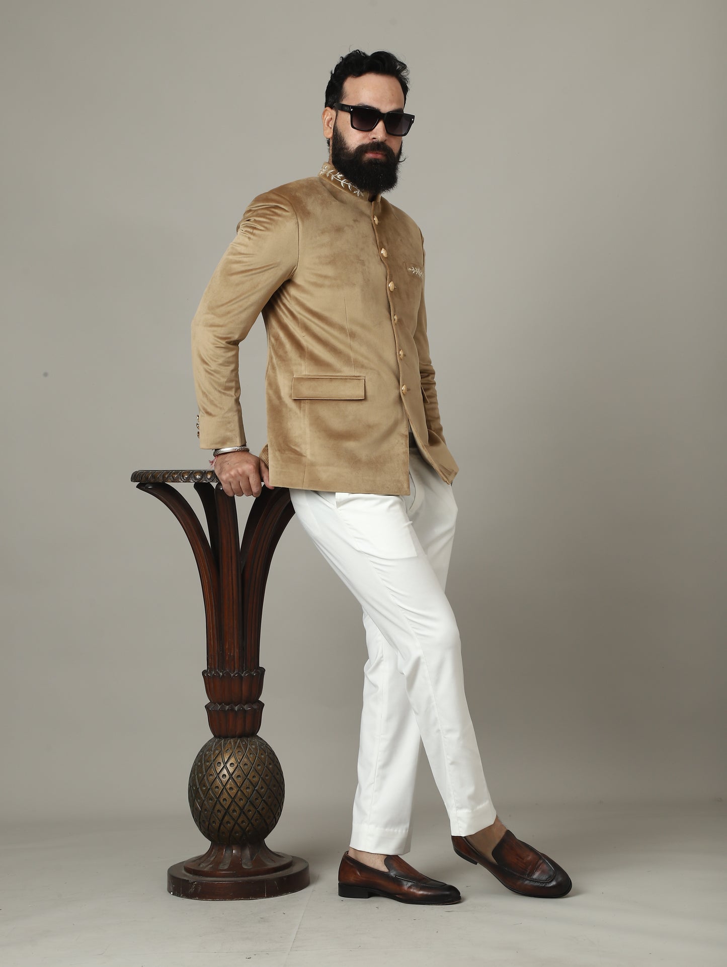 Golden Beige Velvet Bandhgala Jacket with Pants | Wedding & Festive Wear