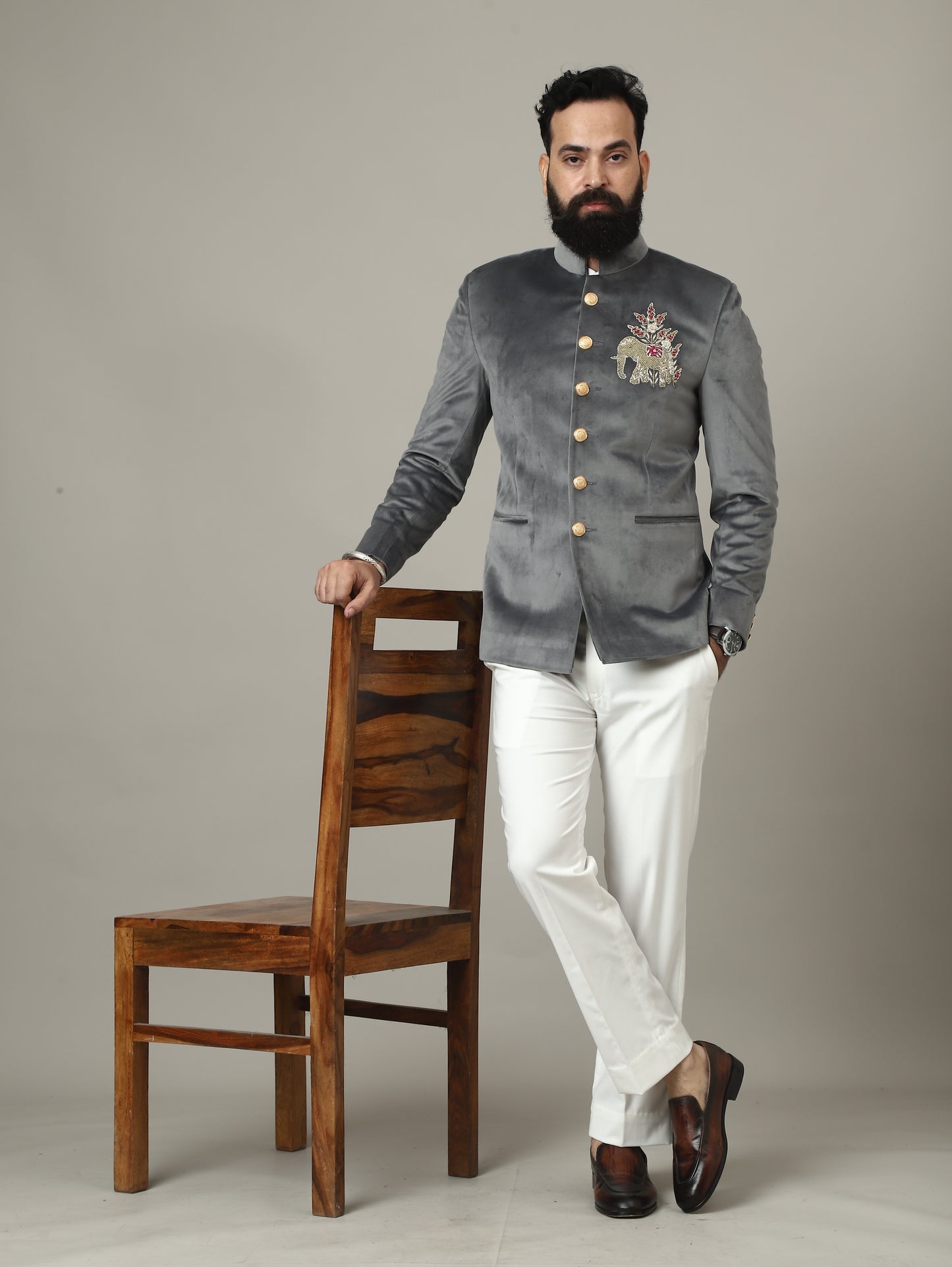 Steel Grey Embroidered Bandhgala Jacket with Ivory Pants | Luxury Wedding Set