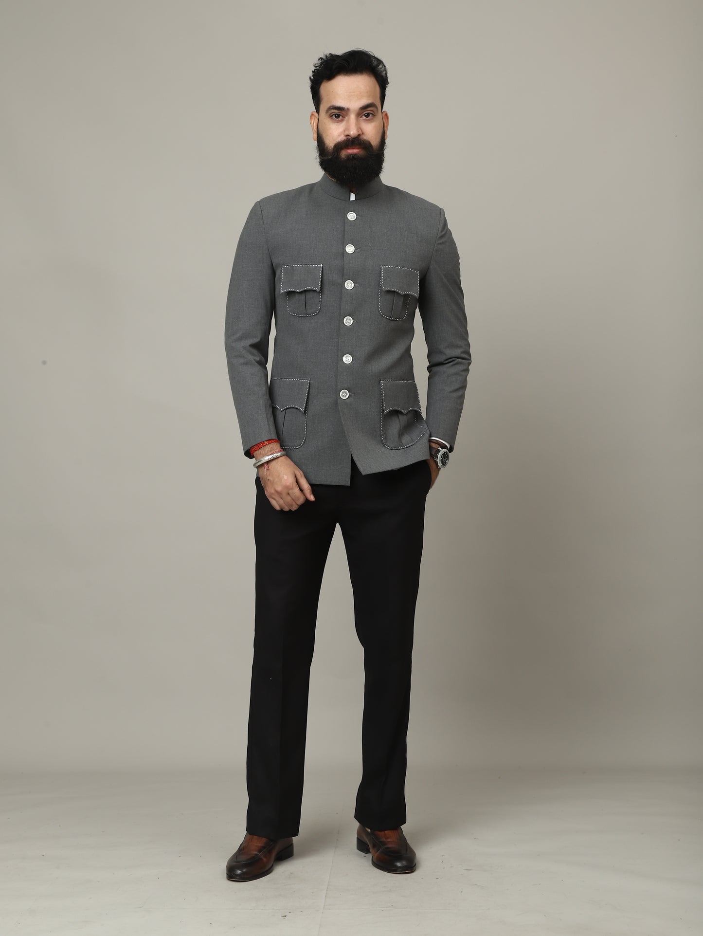 The Maharaja Charcoal 4 Pocket Bandhgala with Signature Pocket Detailing