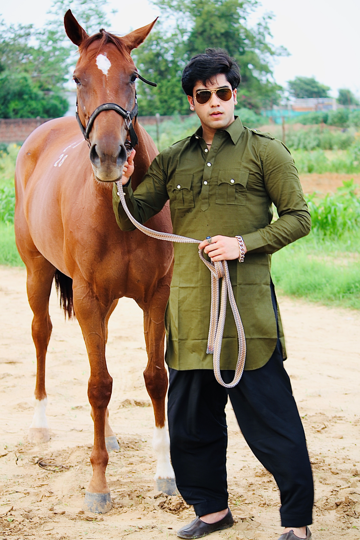 Rajputana Hunting styled Green Kurta with Black Pathani Salwar