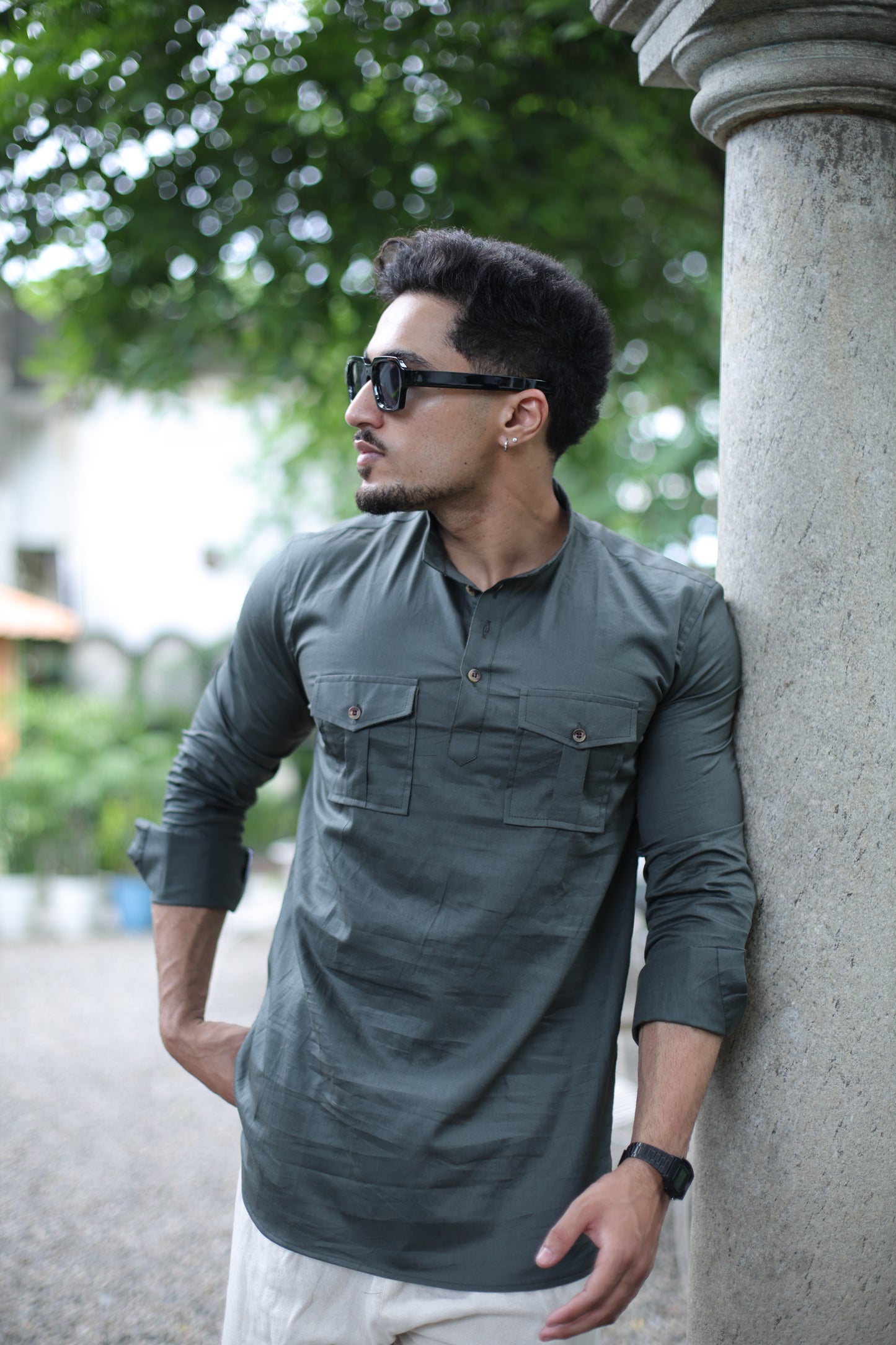 Olive Green Mandarin Collar Short Kurta