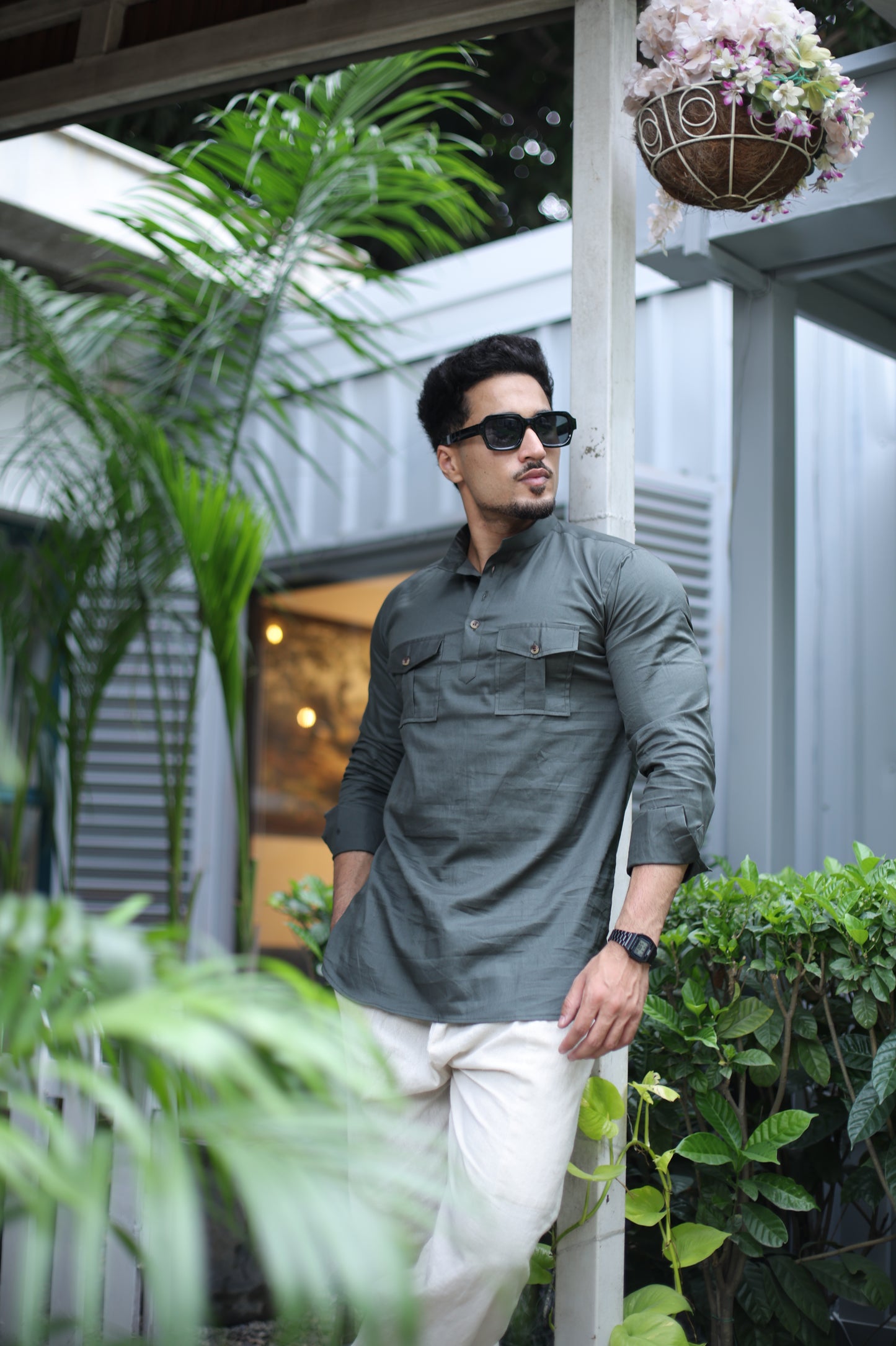 Olive Green Mandarin Collar Short Kurta