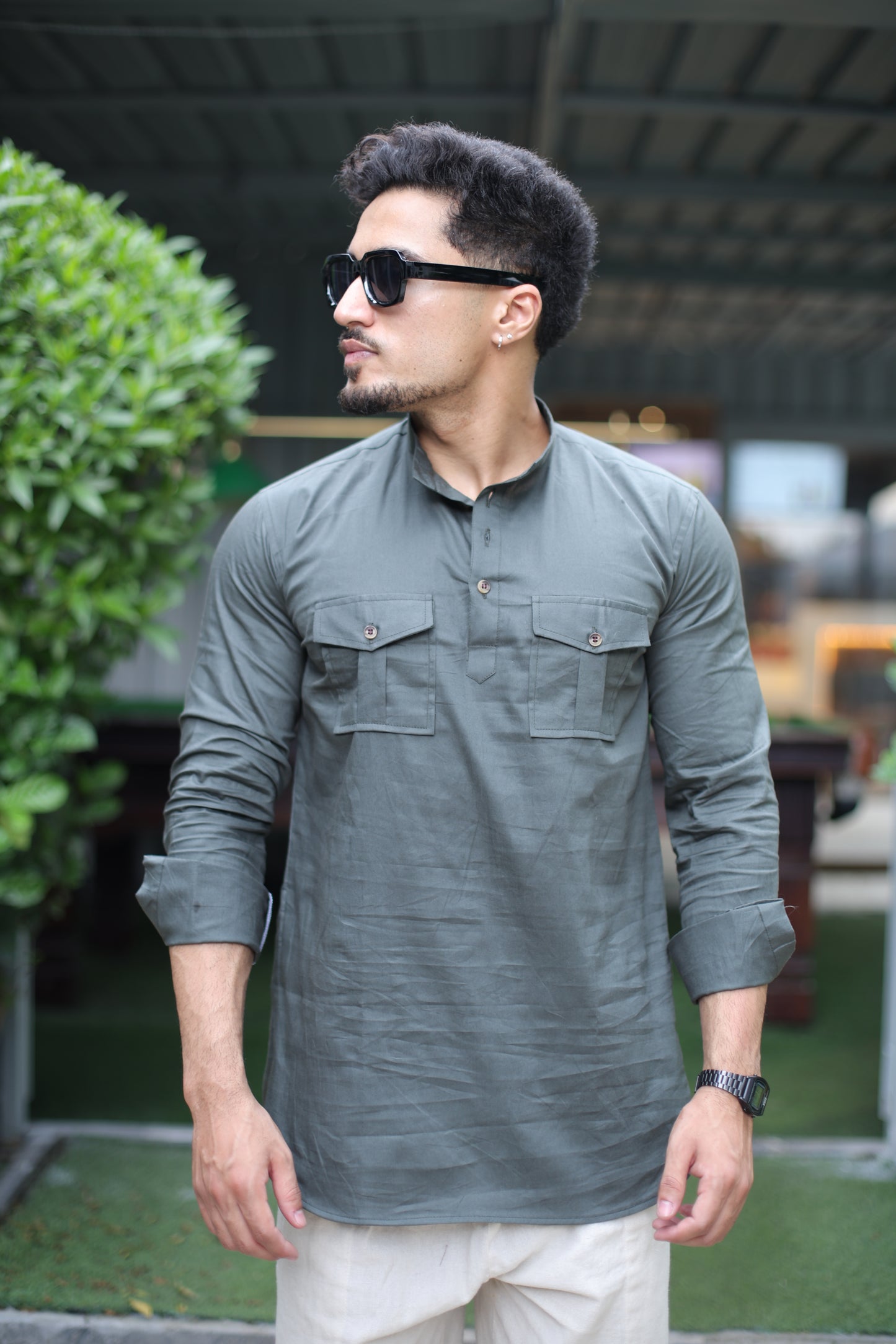 Olive Green Mandarin Collar Short Kurta