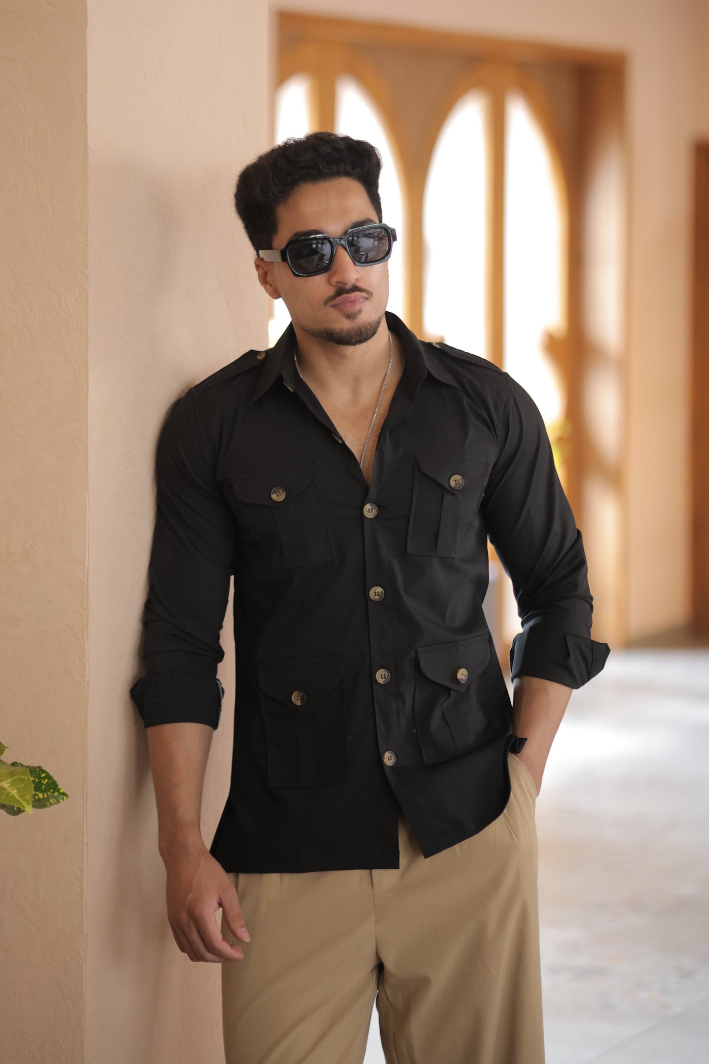 Rajanyas Four-Pocket Black Hunting Shirt with Elbow Patch