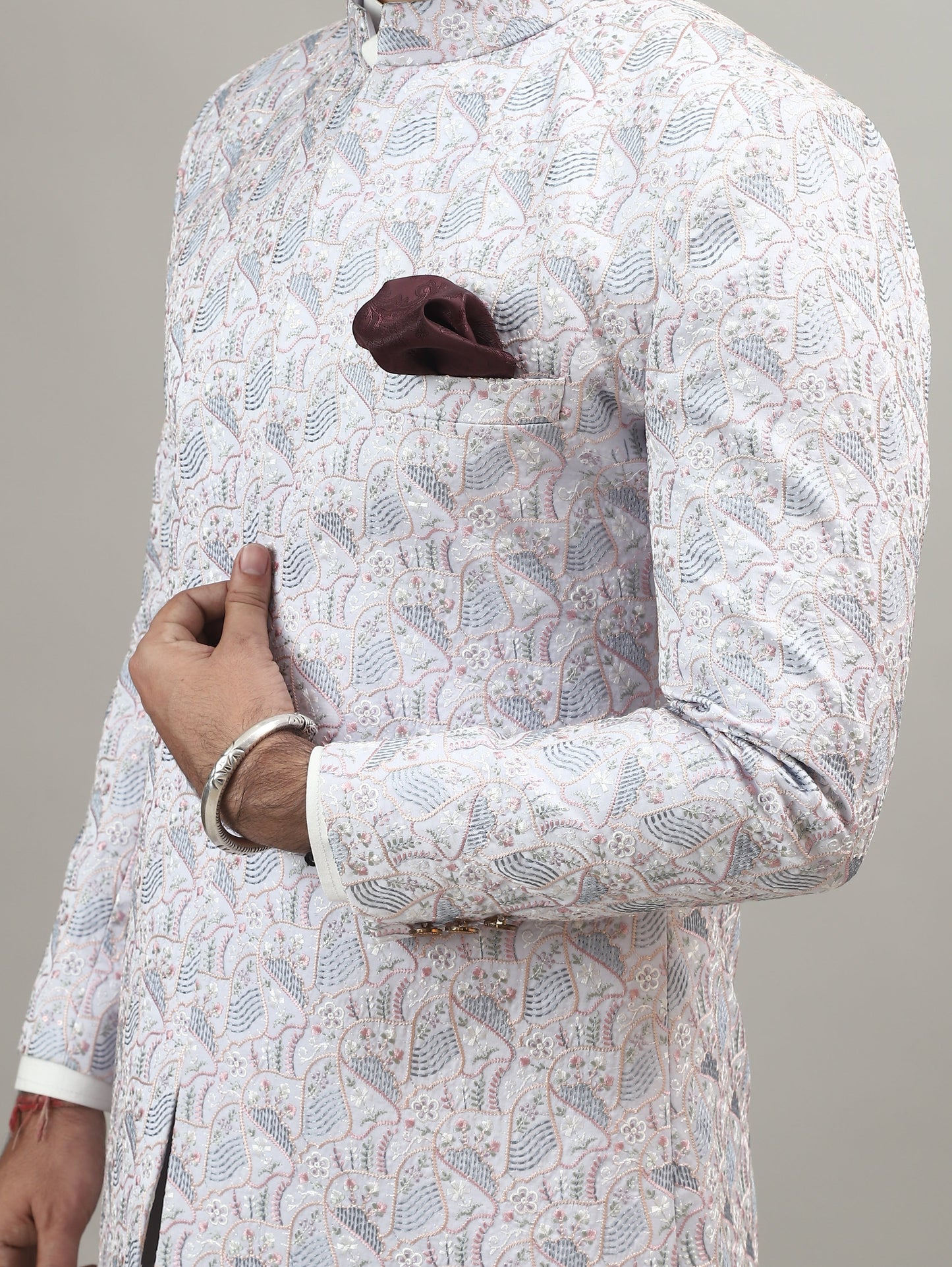 Light Blue Pastel Achkan with Handcrafted Heritage Detailing