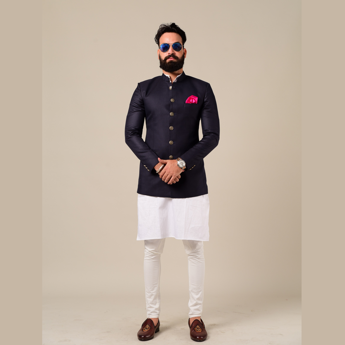 Navy Blue Indian Bandhgala Jodhpuri Blazer with Kurta Pajama Set,