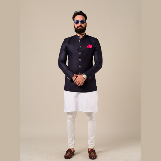 Navy Blue Indian Bandhgala Jodhpuri Blazer with Kurta Pajama Set,
