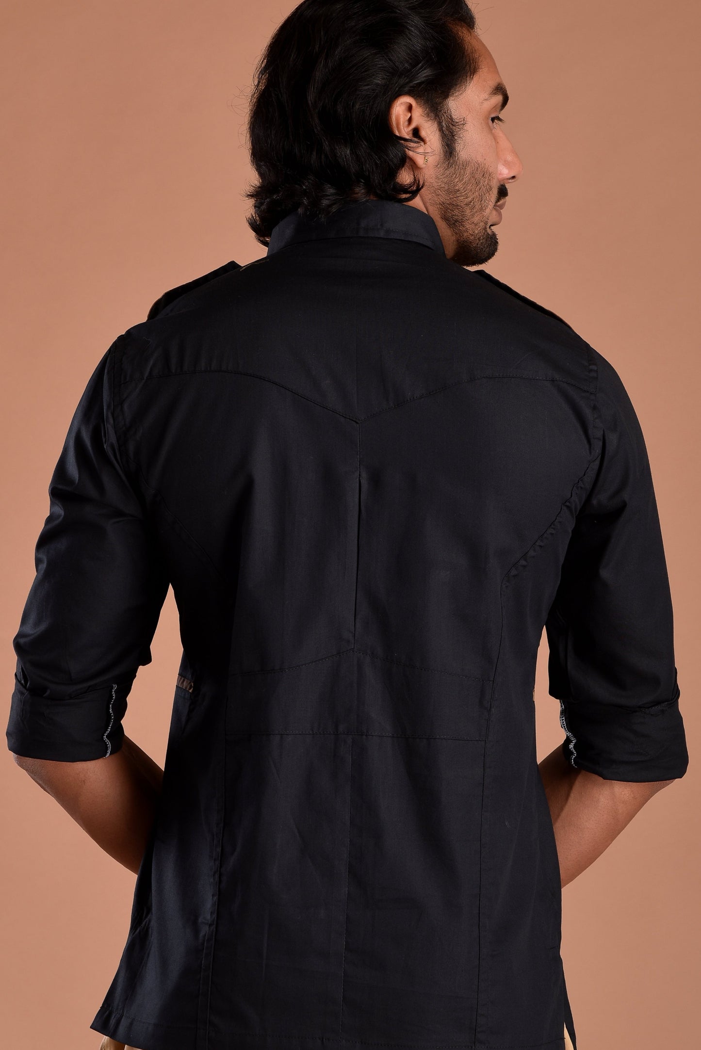 Classic Black Hunting Style Shirt with Camouflage pockets