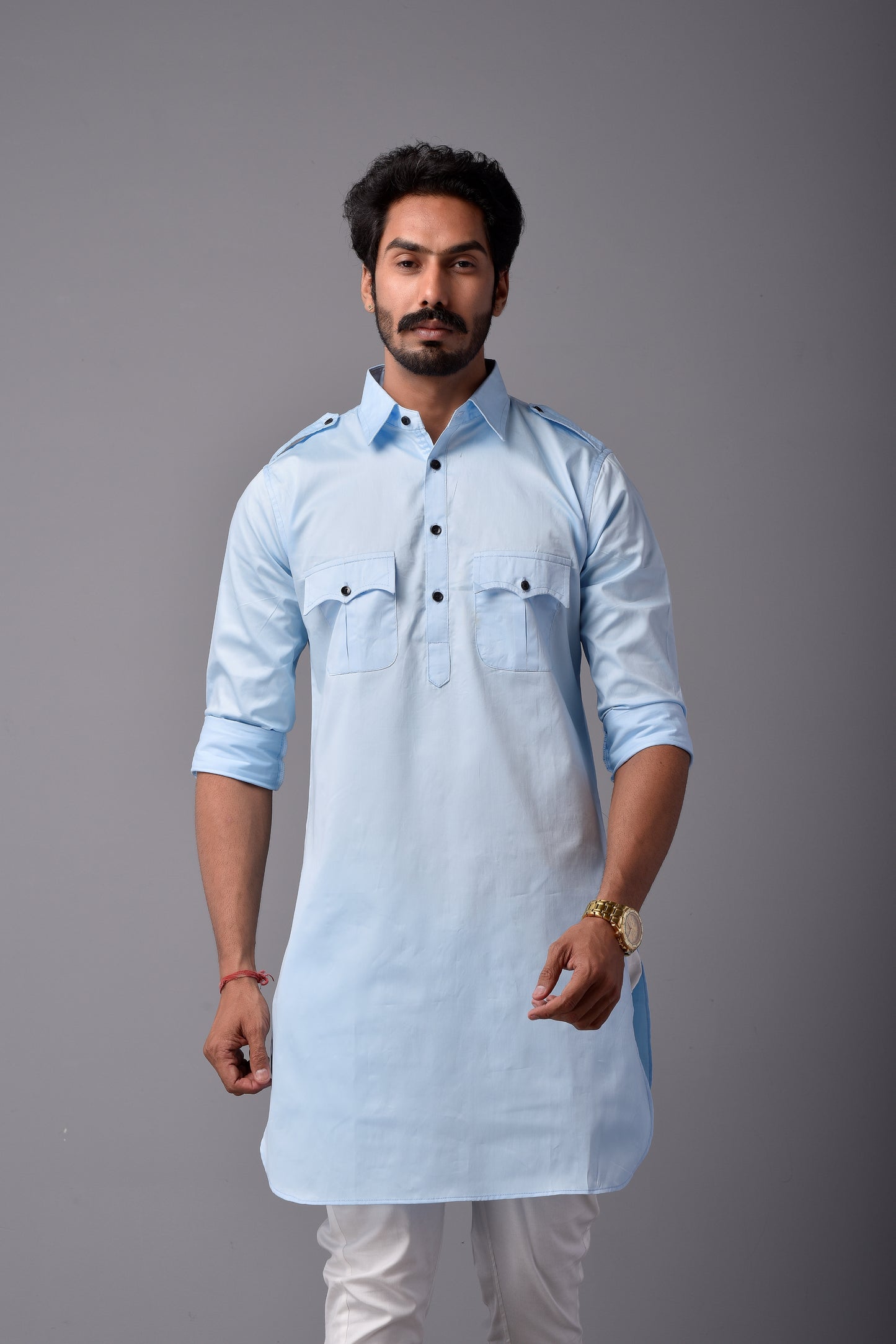 Sky Blue Short Hunting Style Kurta-Pajama set
