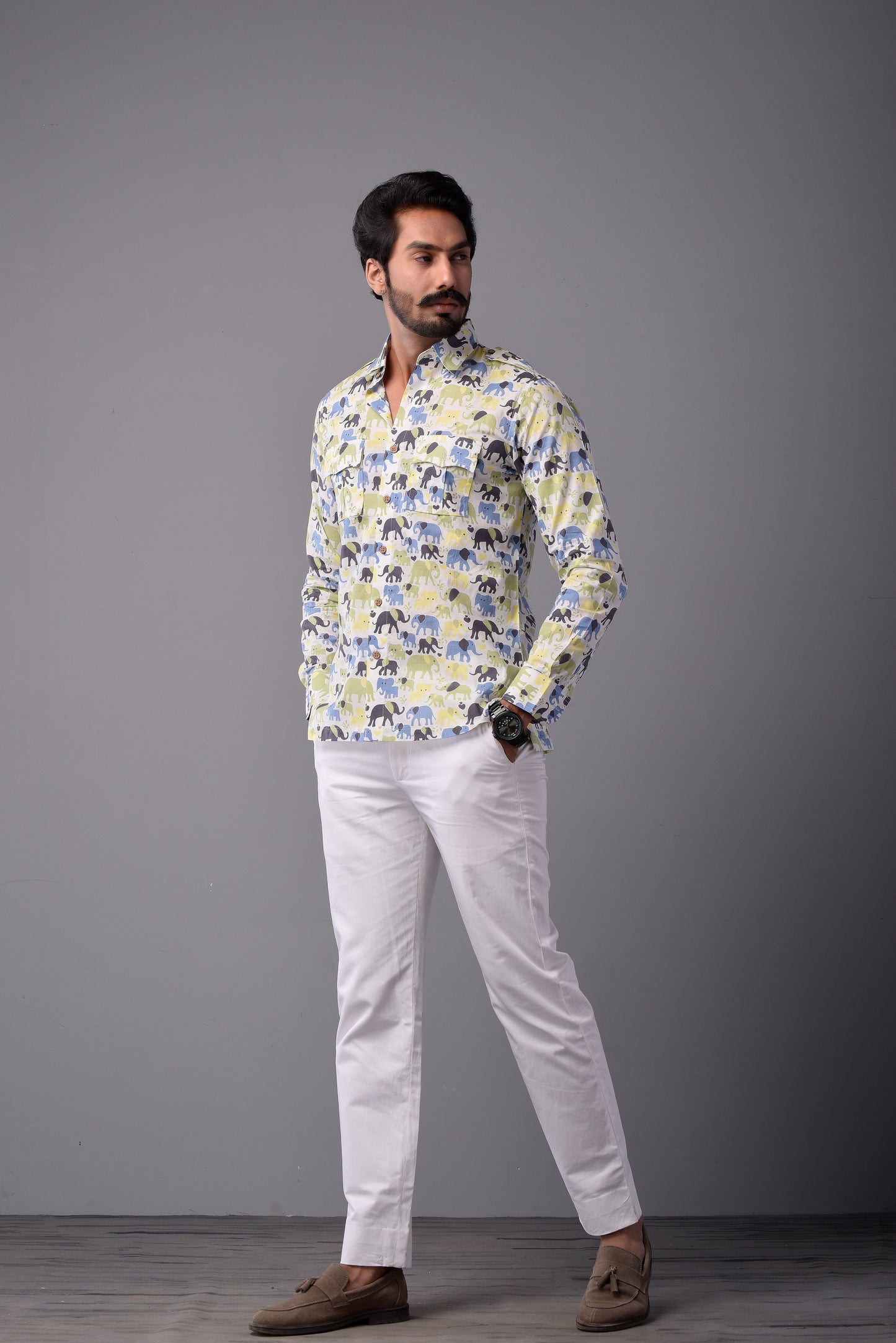 Sanganeri Antique White Hunting Styled Elephant Printed Shirt