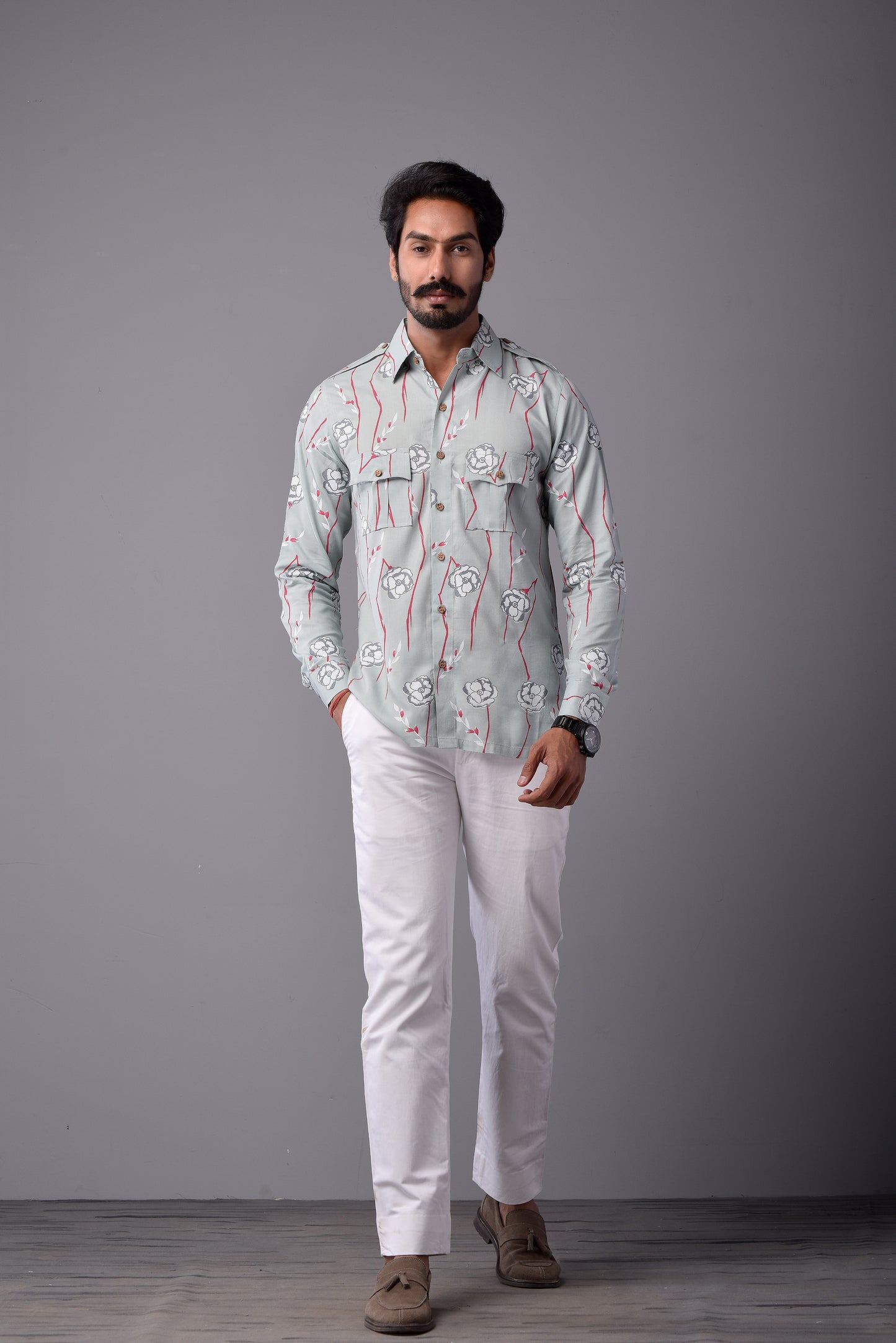 Sanganeri Light Green Hunting Styled Floral Printed Shirt