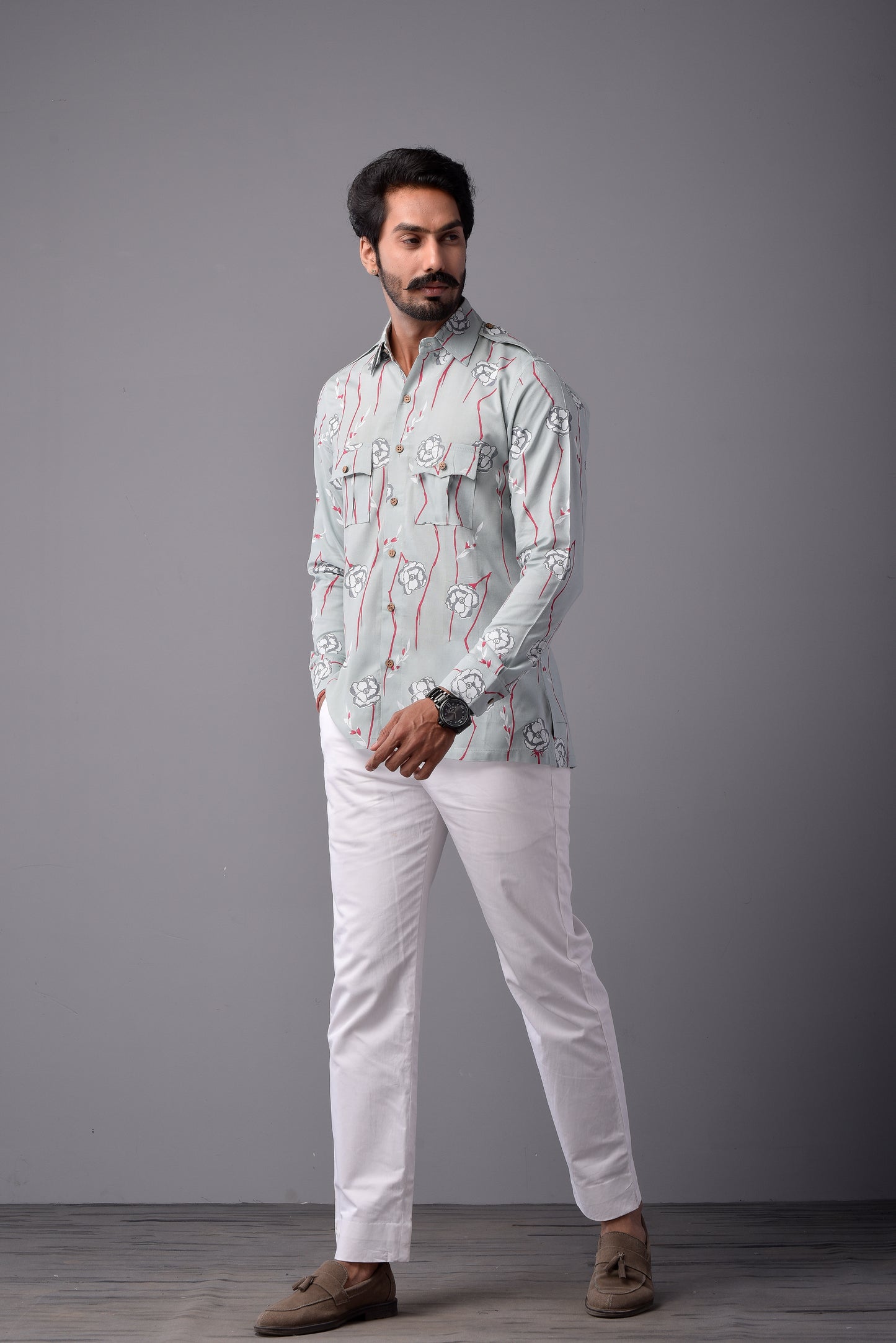 Sanganeri Light Green Hunting Styled Floral Printed Shirt