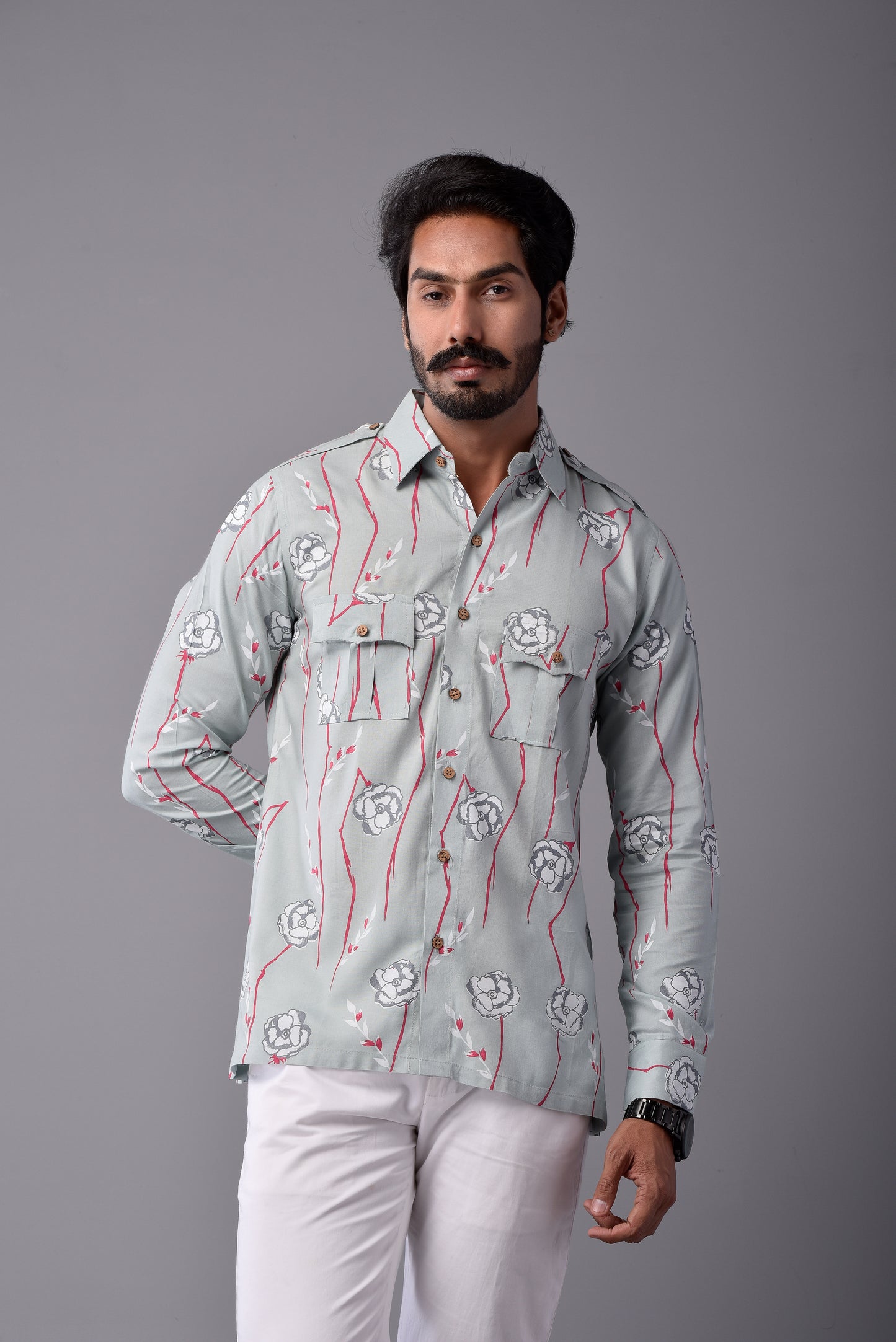 Sanganeri Light Green Hunting Styled Floral Printed Shirt