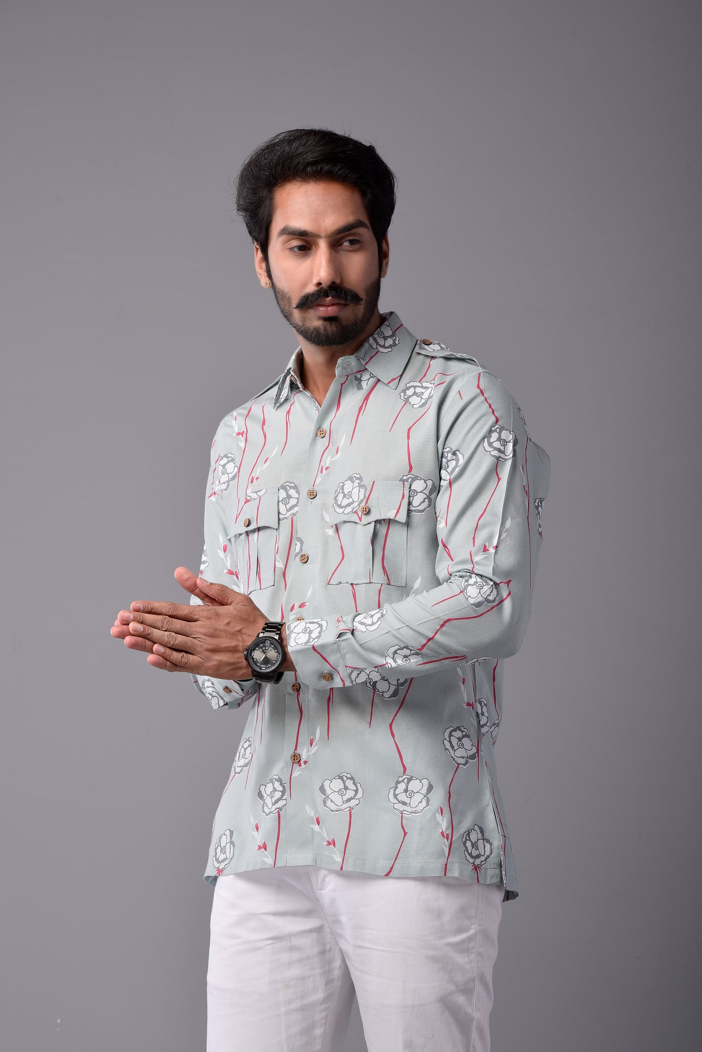 Sanganeri Light Green Hunting Styled Floral Printed Shirt