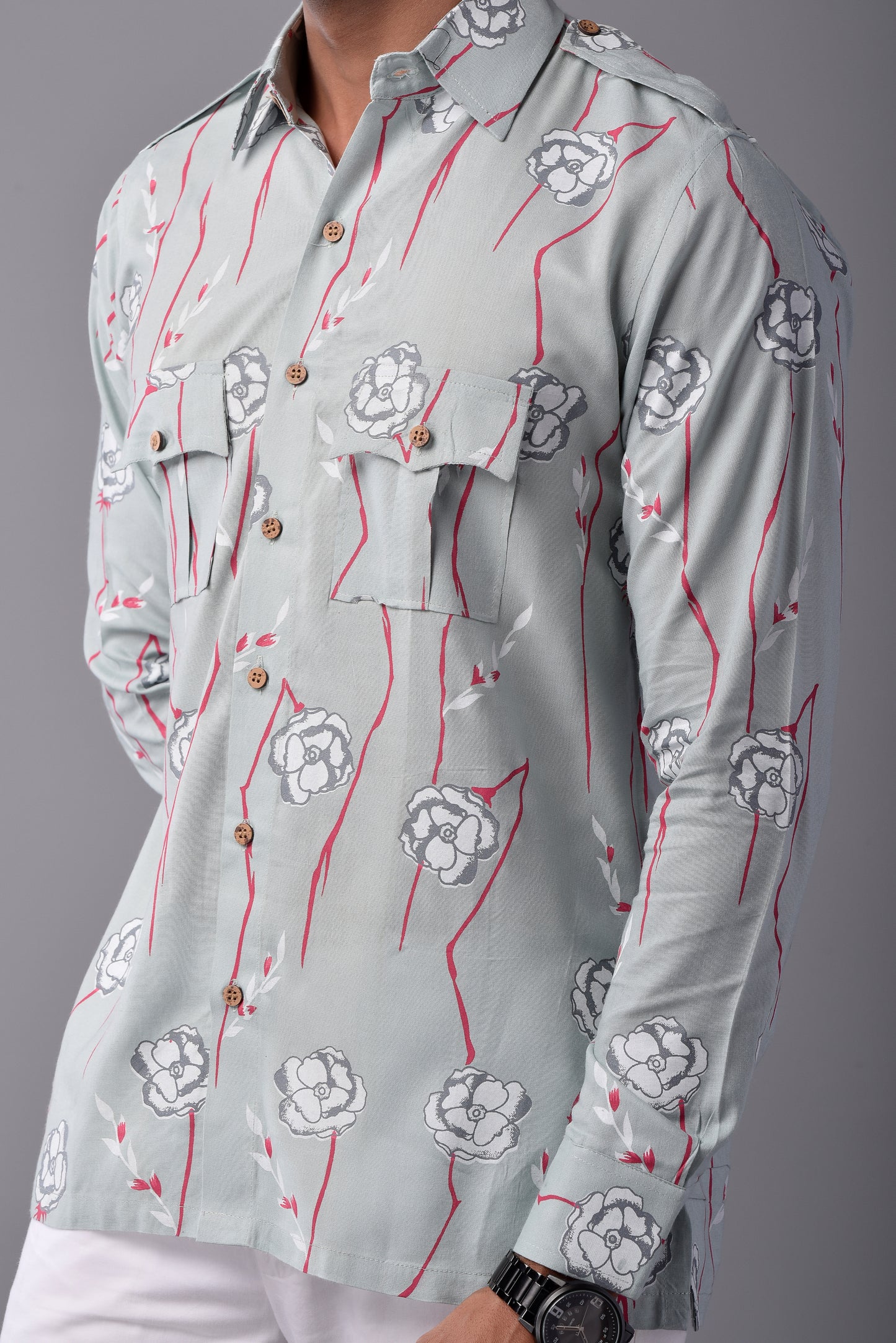 Sanganeri Light Green Hunting Styled Floral Printed Shirt