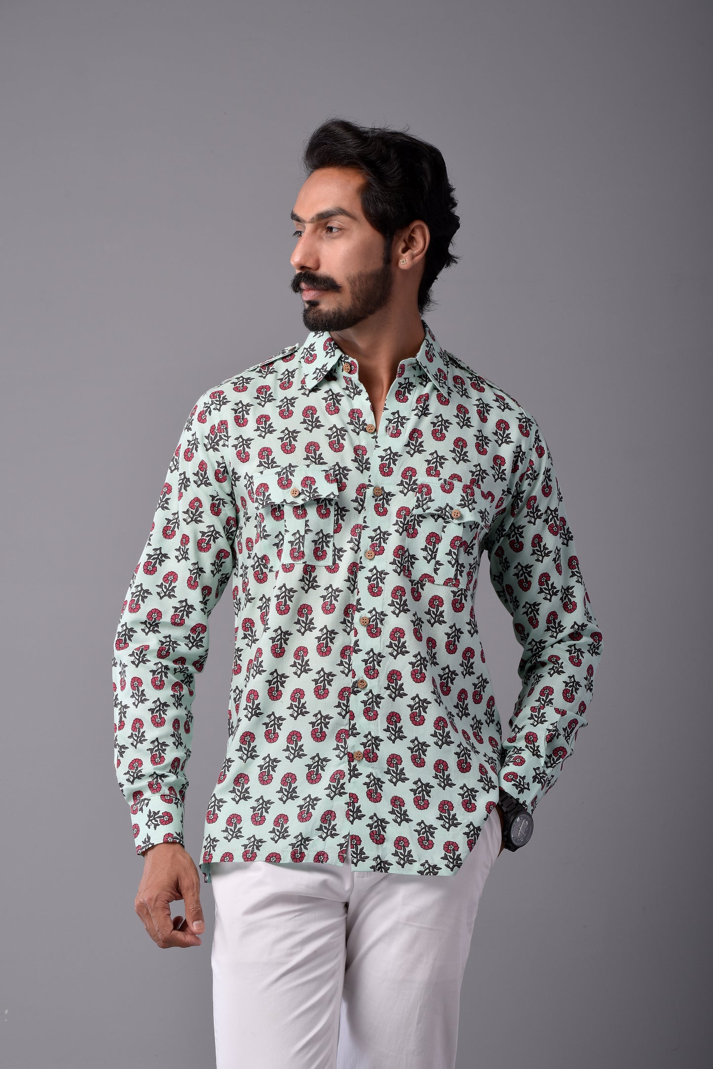 Sanganeri Light Green Hunting Styled Printed Shirt