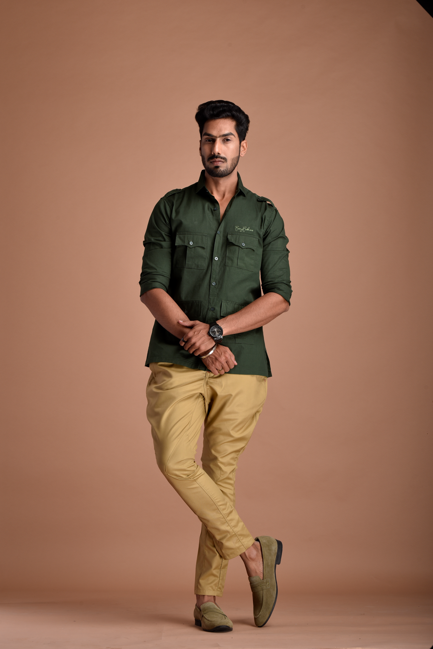 Rajputana Hunting Styled Battle Green Shirt