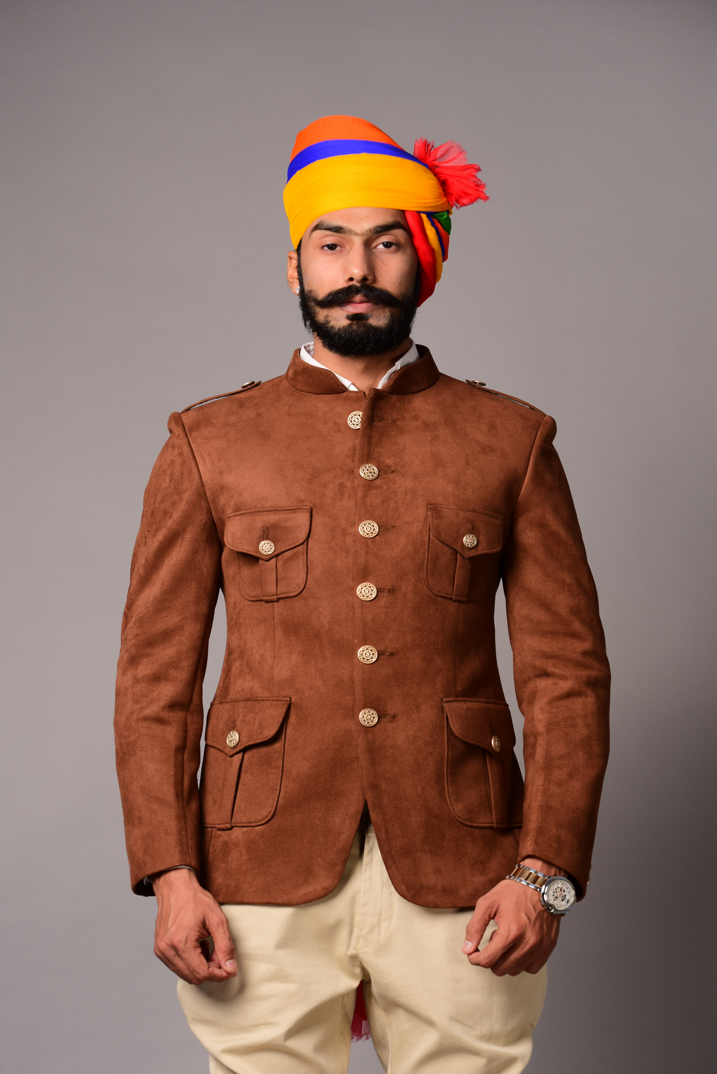 Camel Color Suede Leather Hunting Bandhgala Only