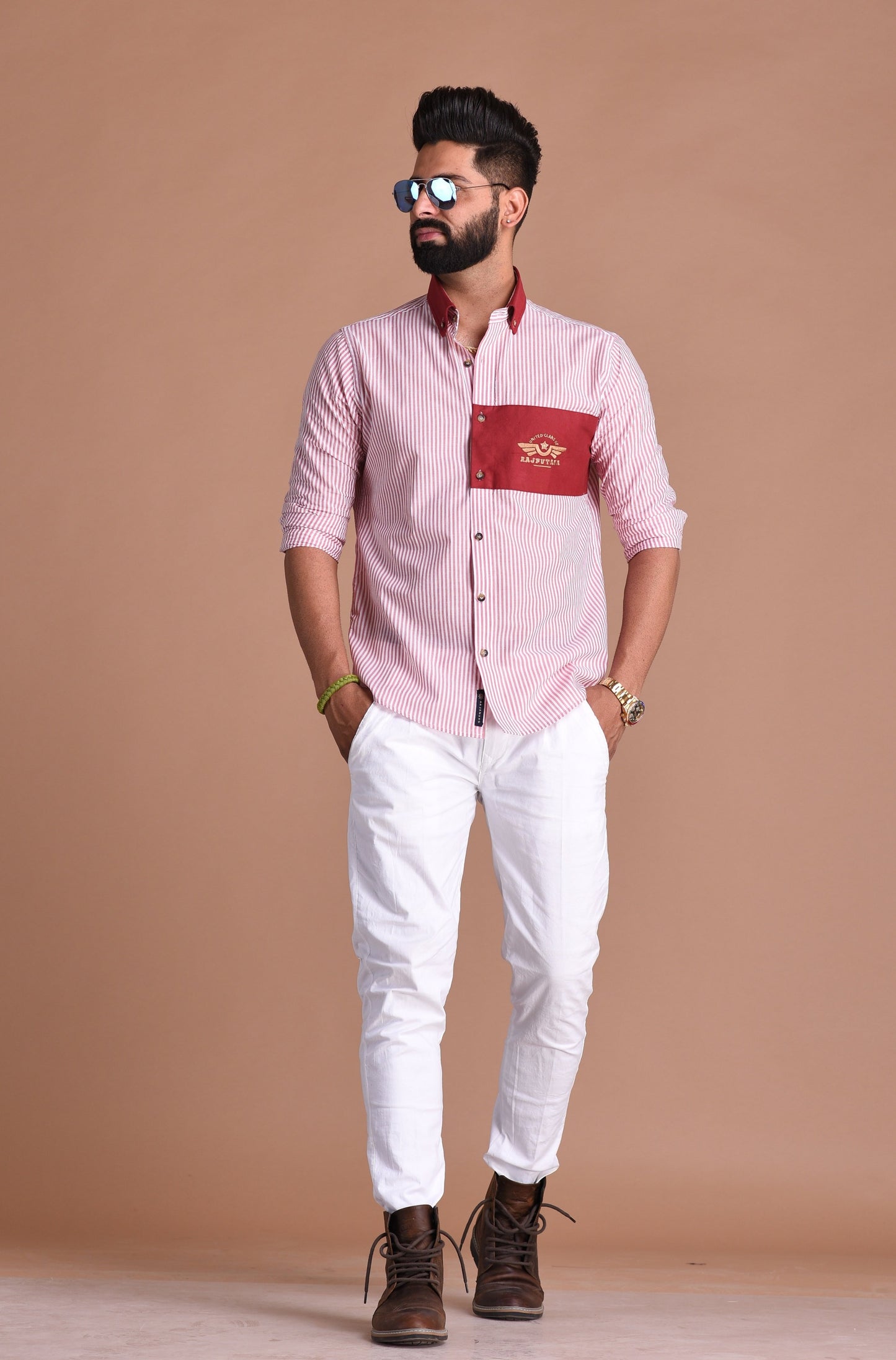 United Clans of Rajputana Red & White Vertical Stripes Shirt