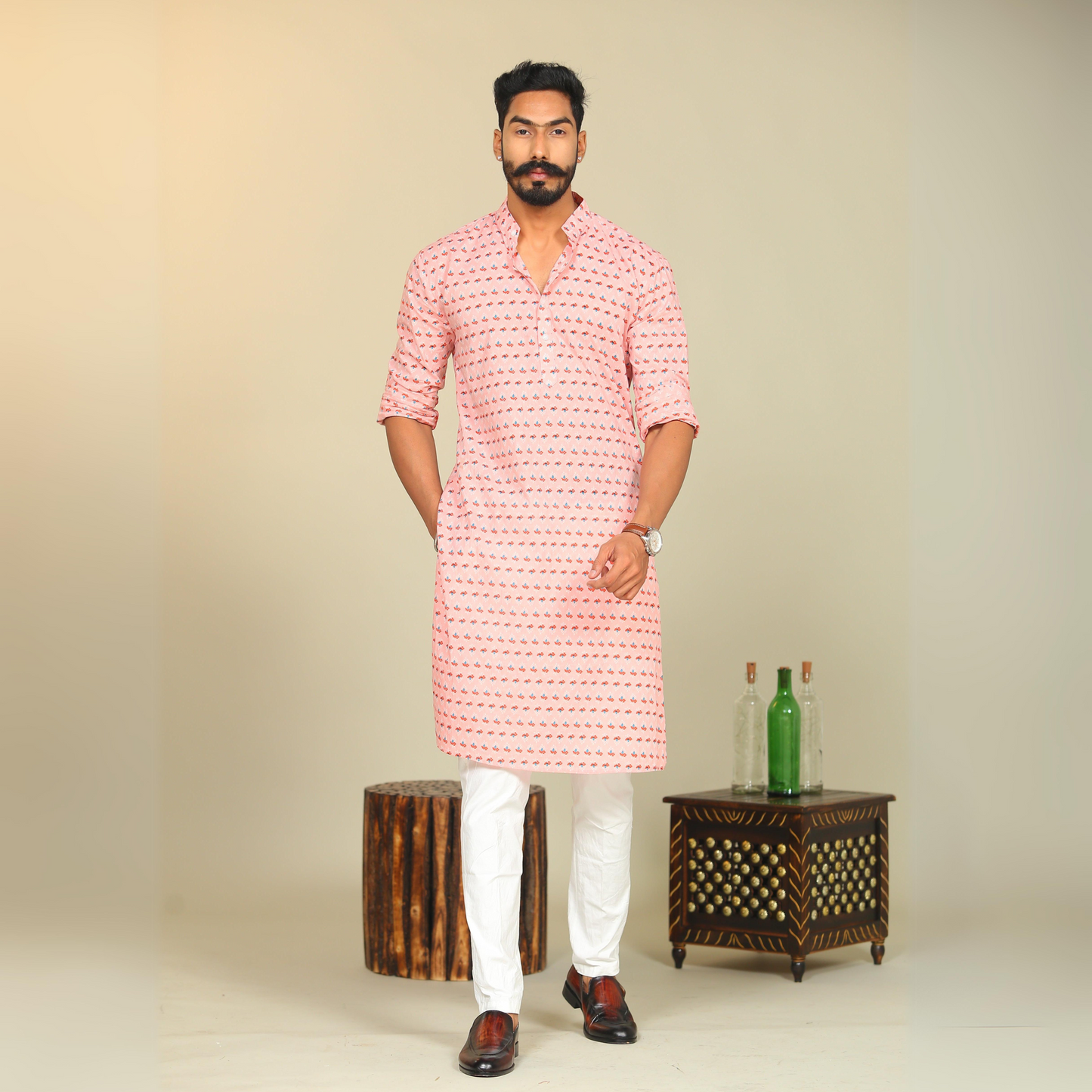 Cotton Sanganeri Booti Printed Pink Kurta Pajama