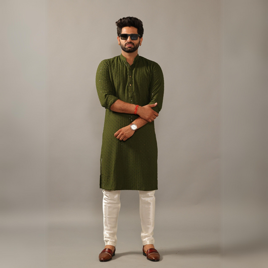 Handmade Battle Green Chikankaari Embroidered Kurta Pajama Set