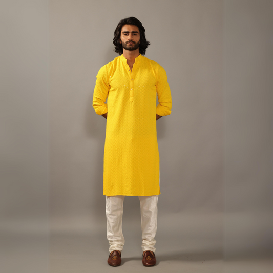 Handmade yellow Chikankaari Embroidered Kurta Pajama Set